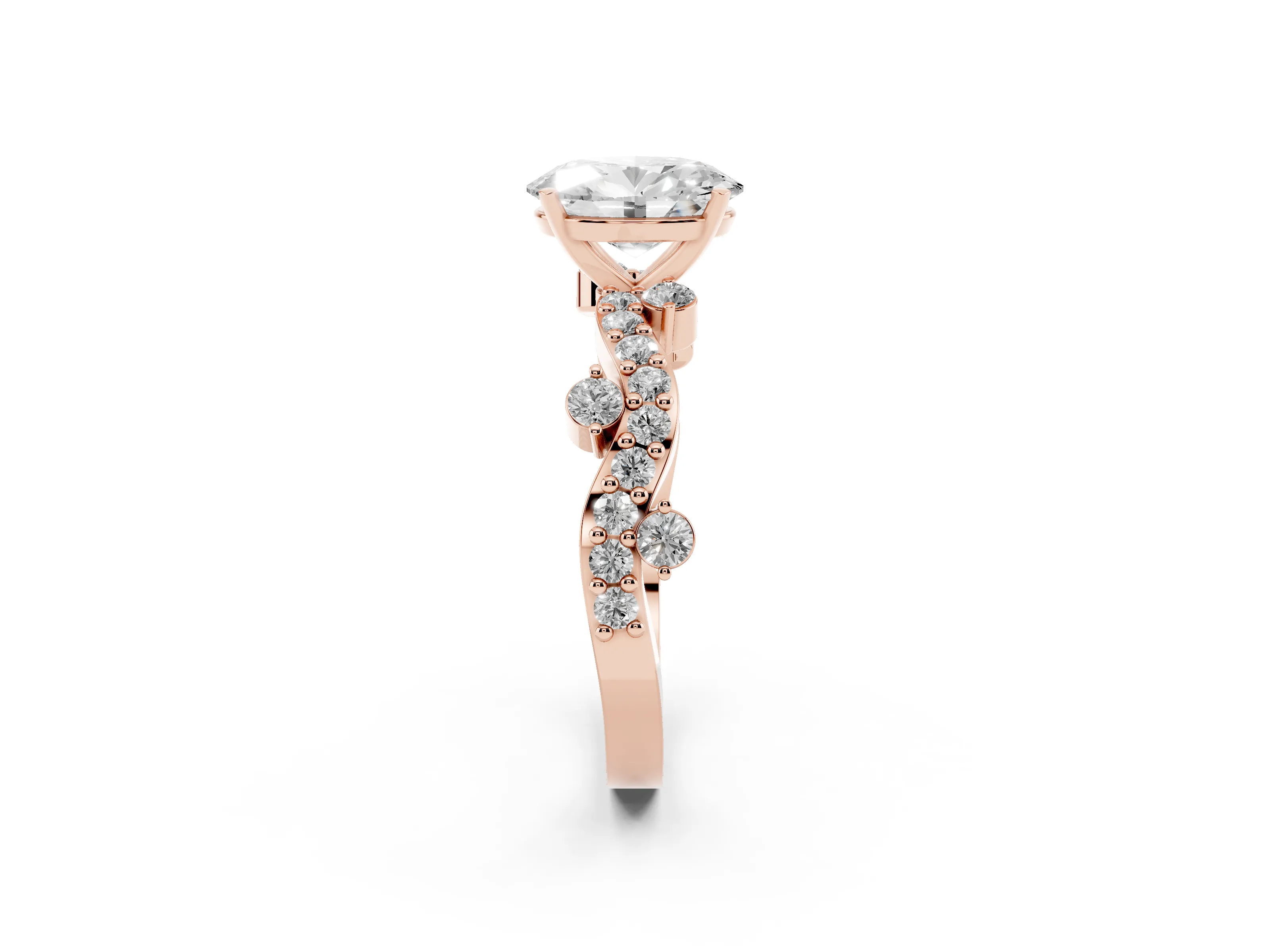 Oval Cut Diamond Solitaire Twisted Band Set in Rose gold with Pavé Setting