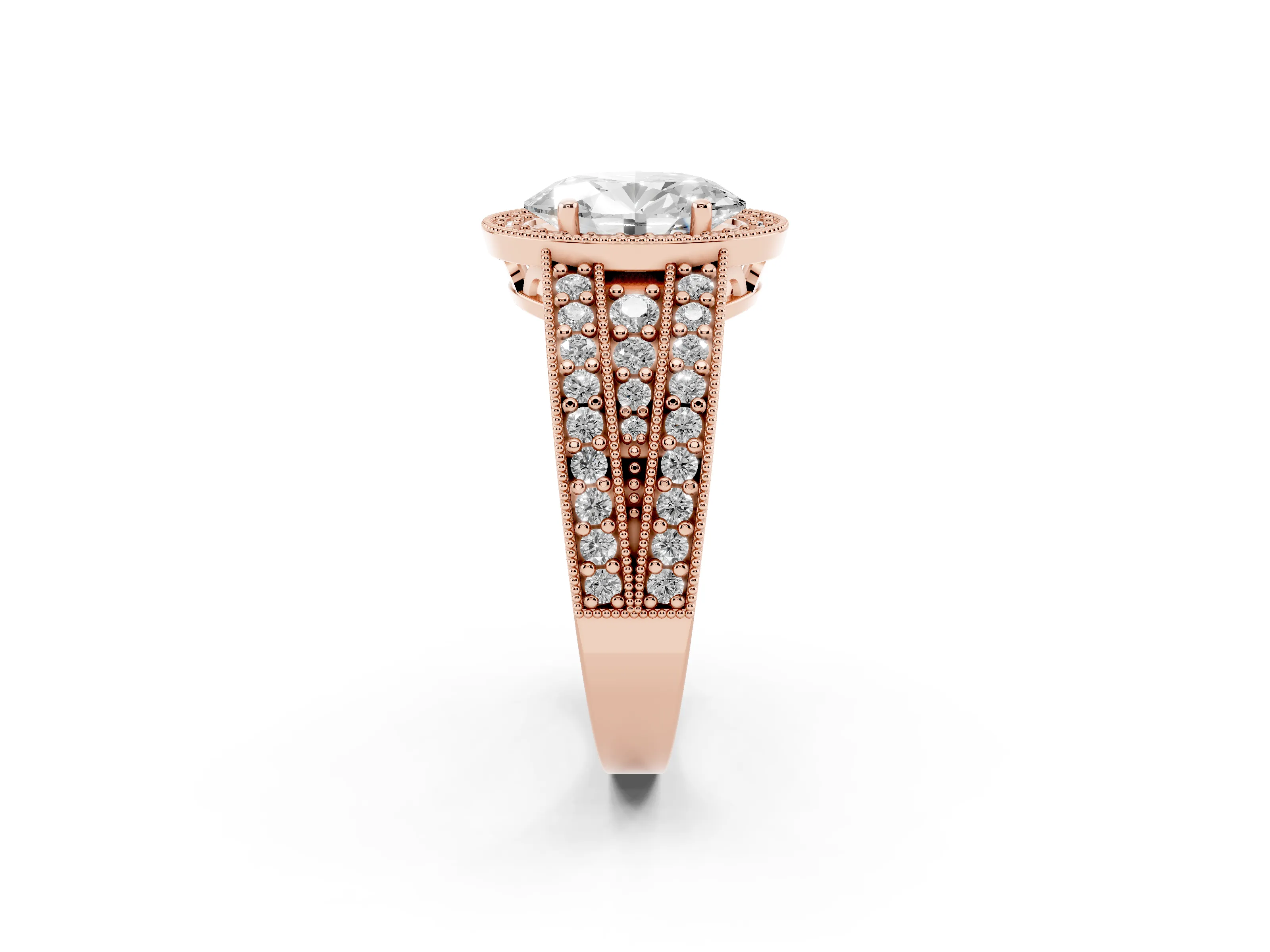 Oval Cut Diamond Halo Ring Set in Rose gold with Accent Split Shank and Prong Setting