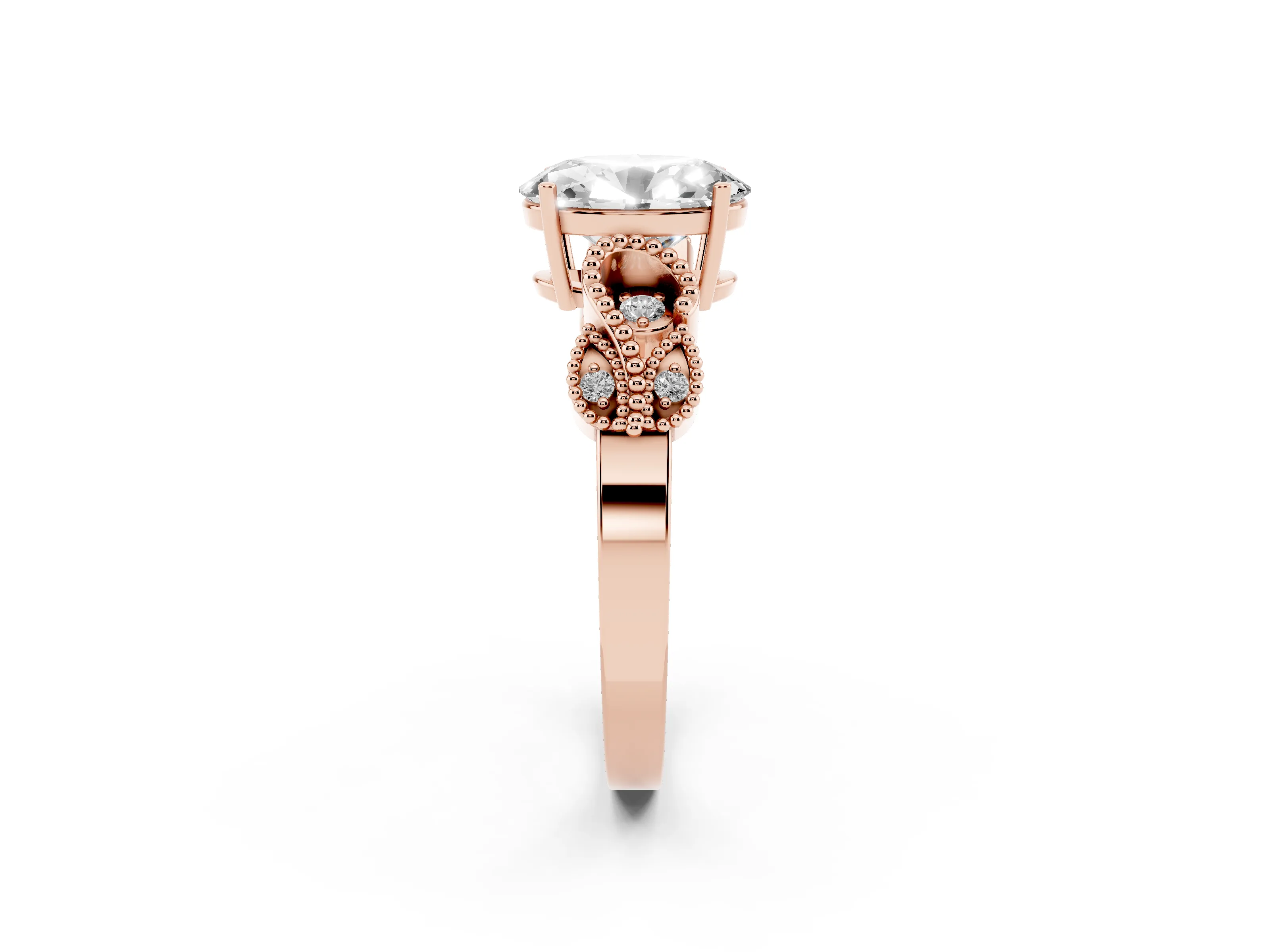 Oval Cut Diamond Milgrain Leaf Band Solitaire Ring Set in Rose gold with Accent Stones and Prong Setting