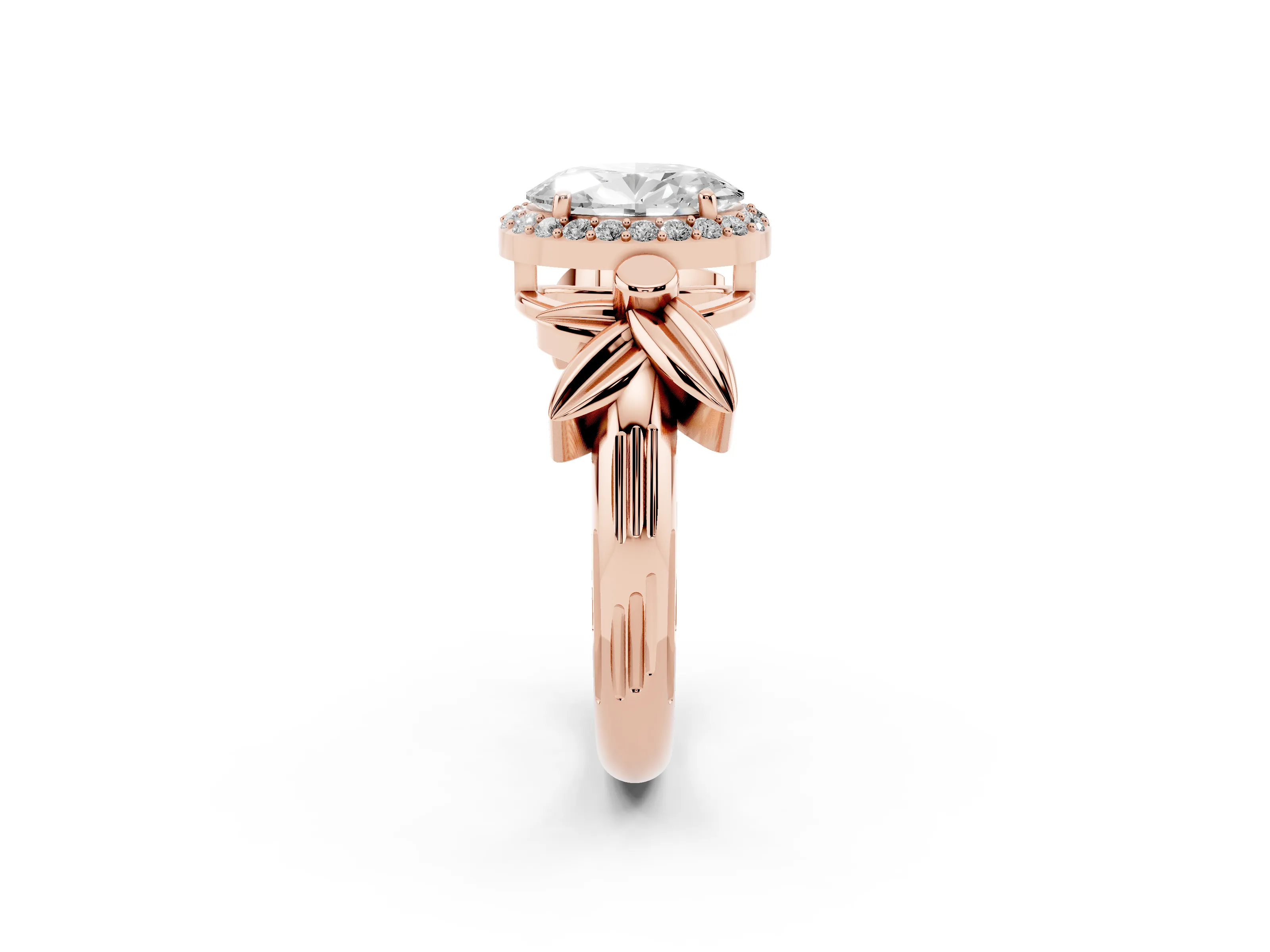 Oval Cut Diamond Halo Floral Band Ring Set in Rose gold with Prong Setting