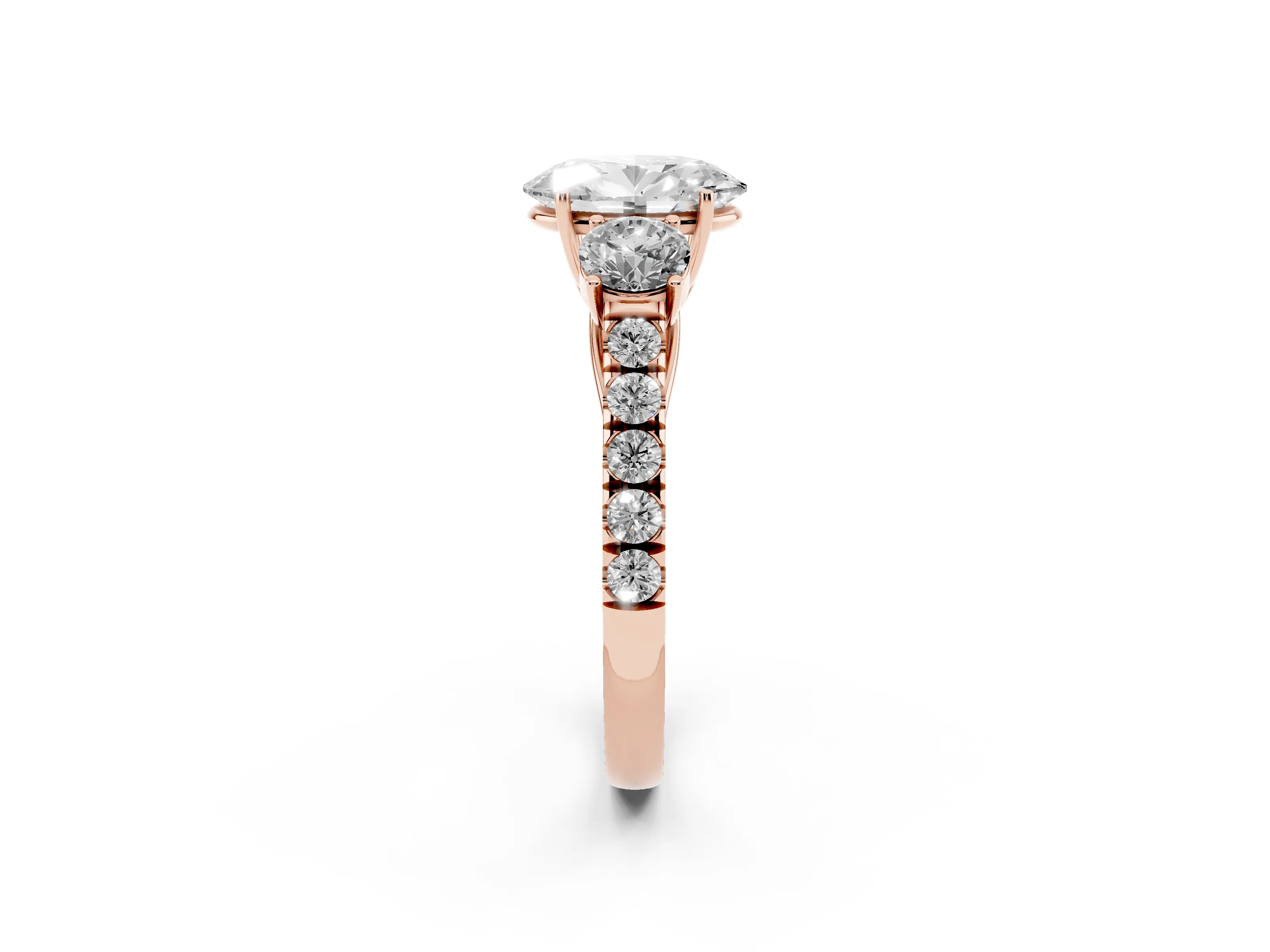 Oval Cut Diamond Three-Stone Ring Set in Rose gold with Round Side Stones and Delicate Pavé Band