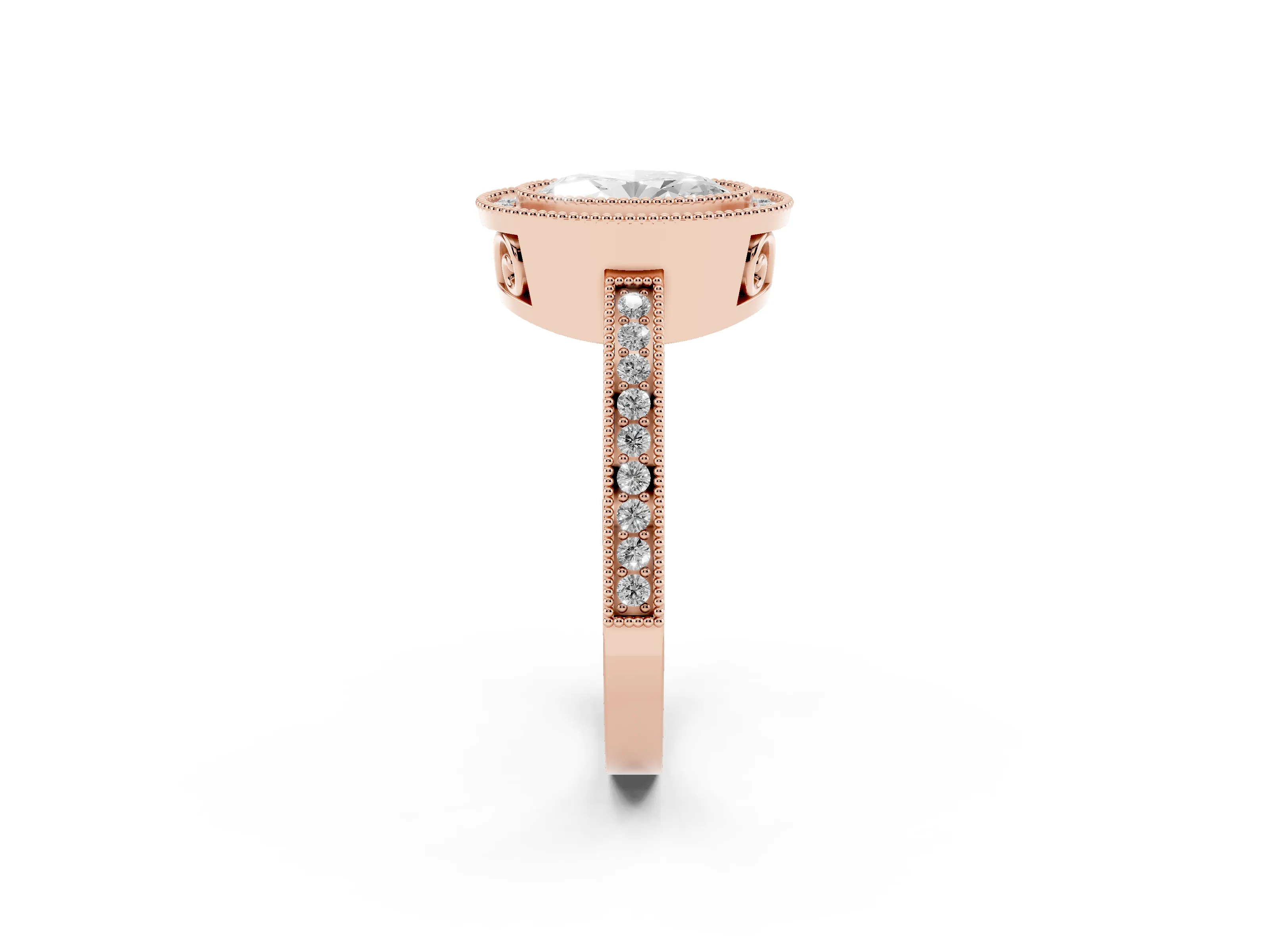 Oval Cut Diamond Halo Ring Set in Rose gold with Pavé Band and Milgrain-Edged Prongs