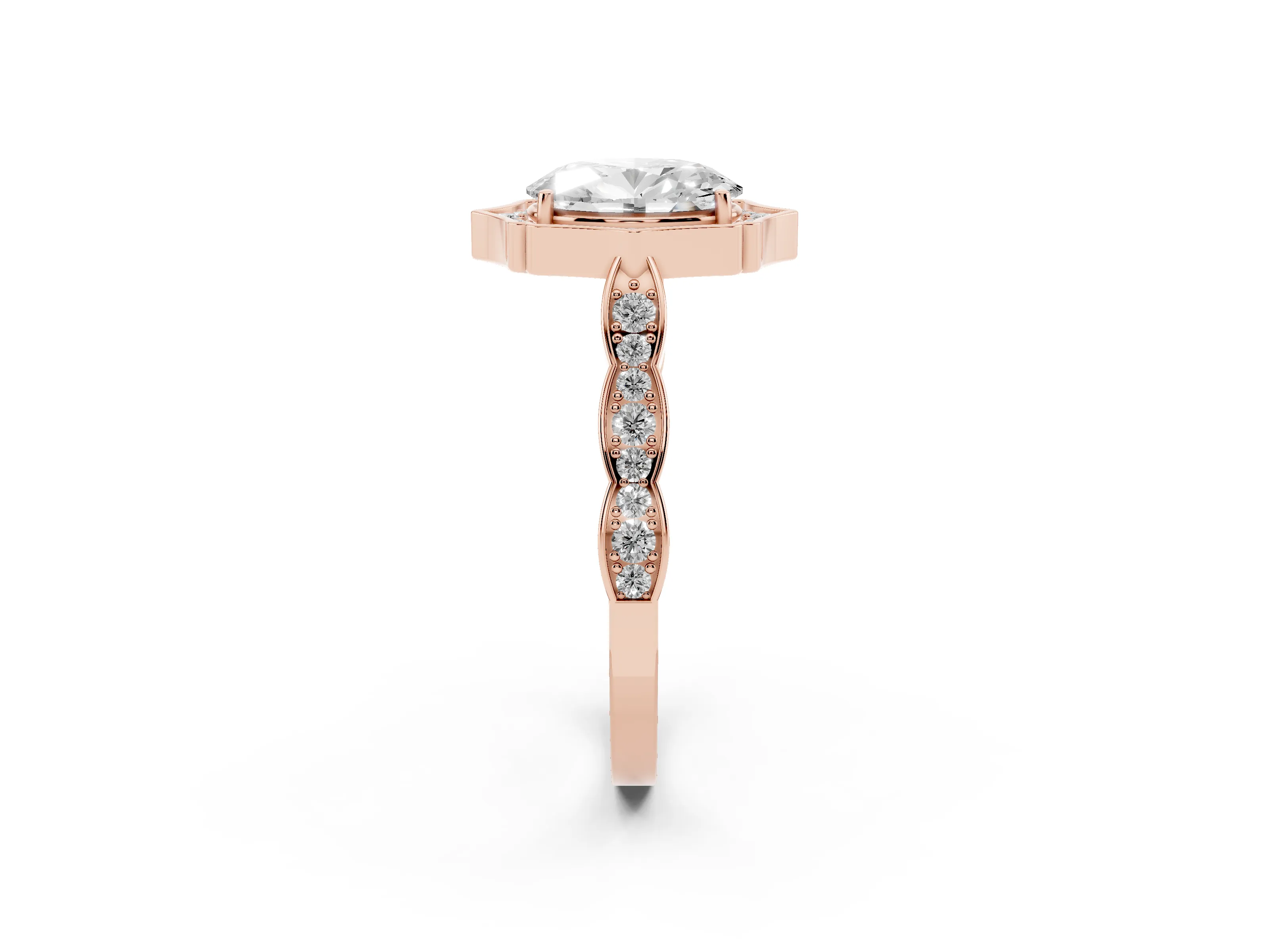 Oval Cut Diamond Halo Engagement Ring Set in Rose gold with Milgrain Band and Prong Setting