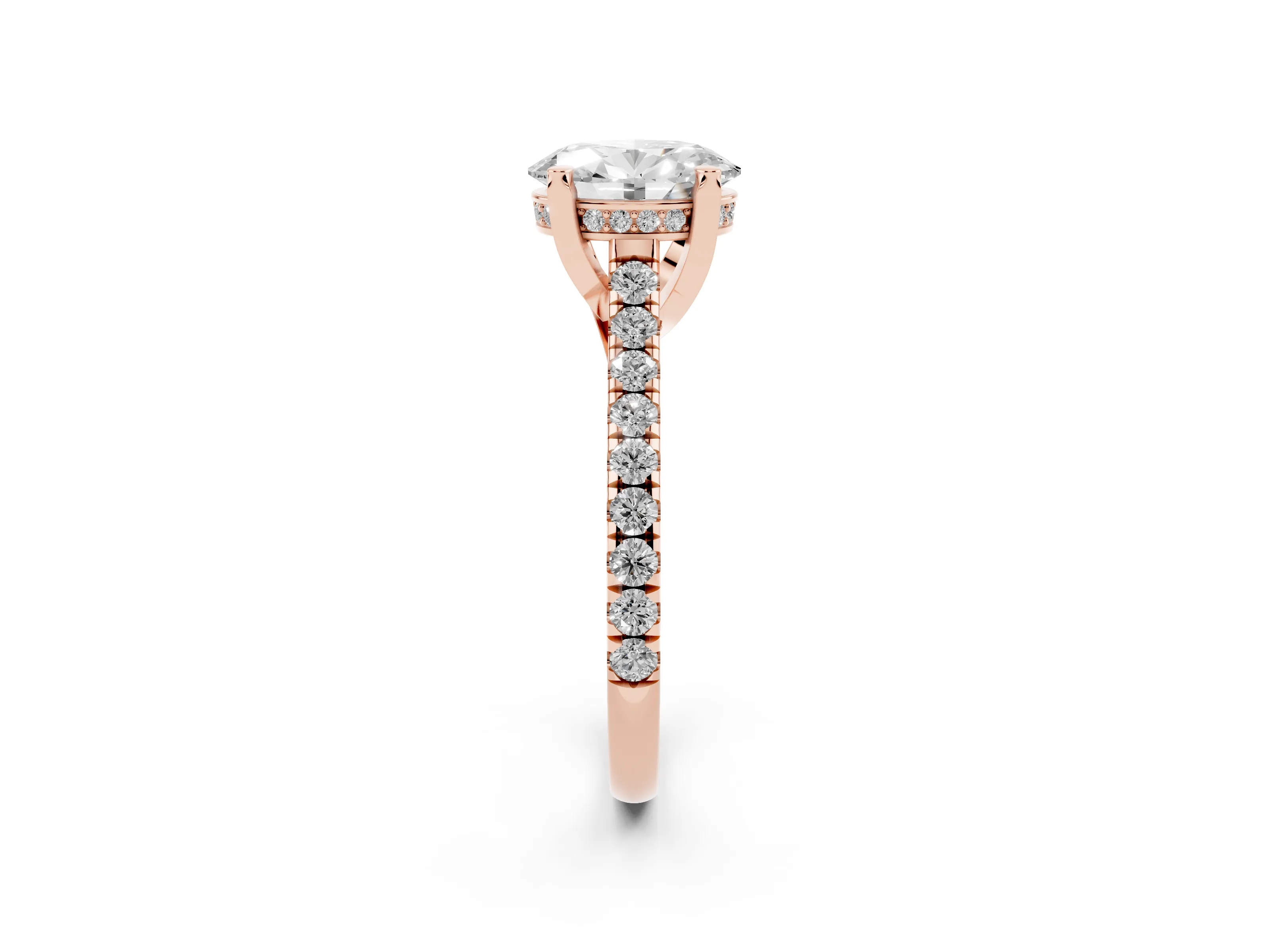 Oval Cut Diamond Solitaire Ring Set in Rose gold with Brilliant Pavé Band and Prong Setting