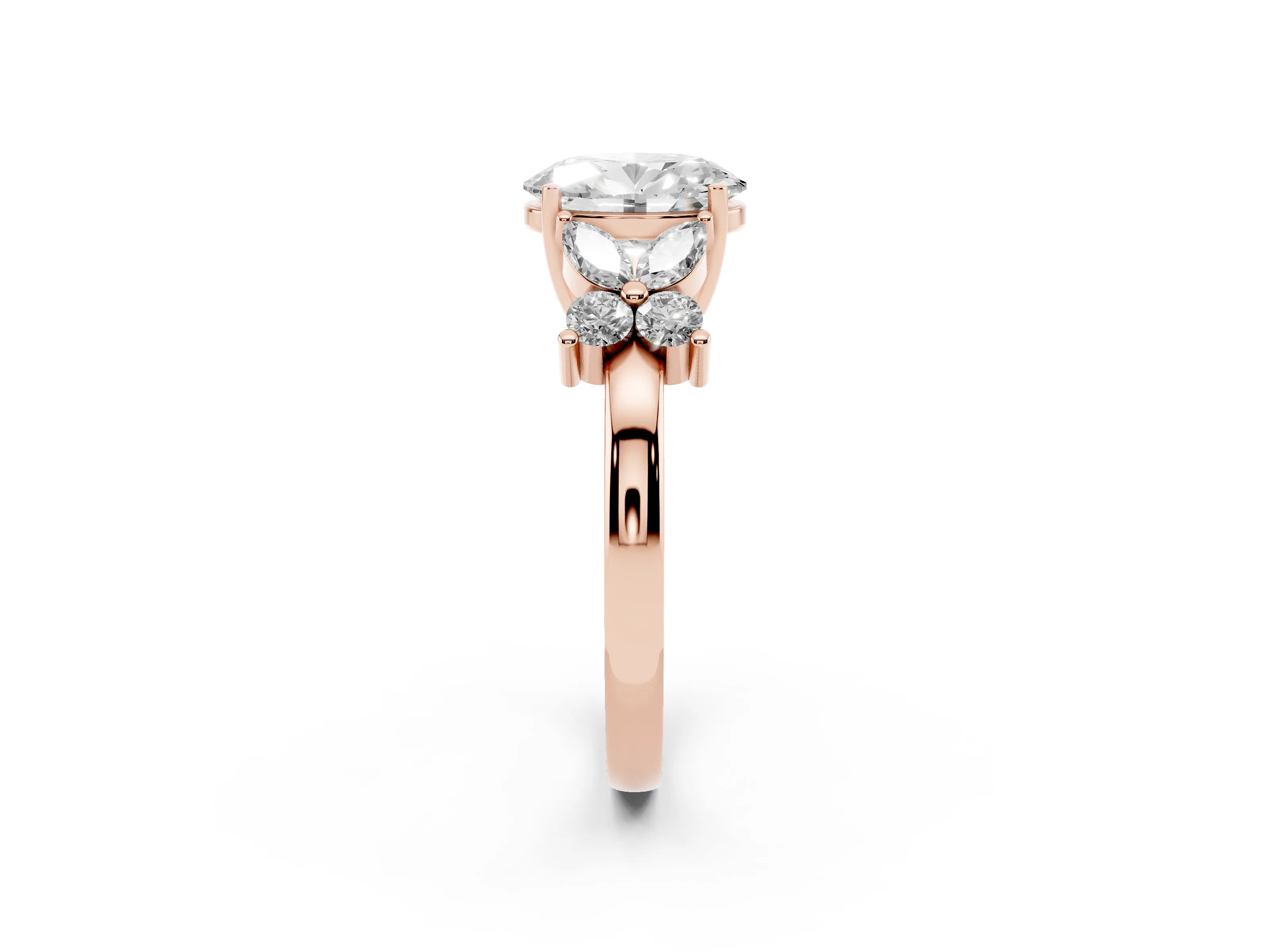 Oval Cut Diamond Floral Cluster Ring Set in Rose gold with Marquise Petals and Prong Setting
