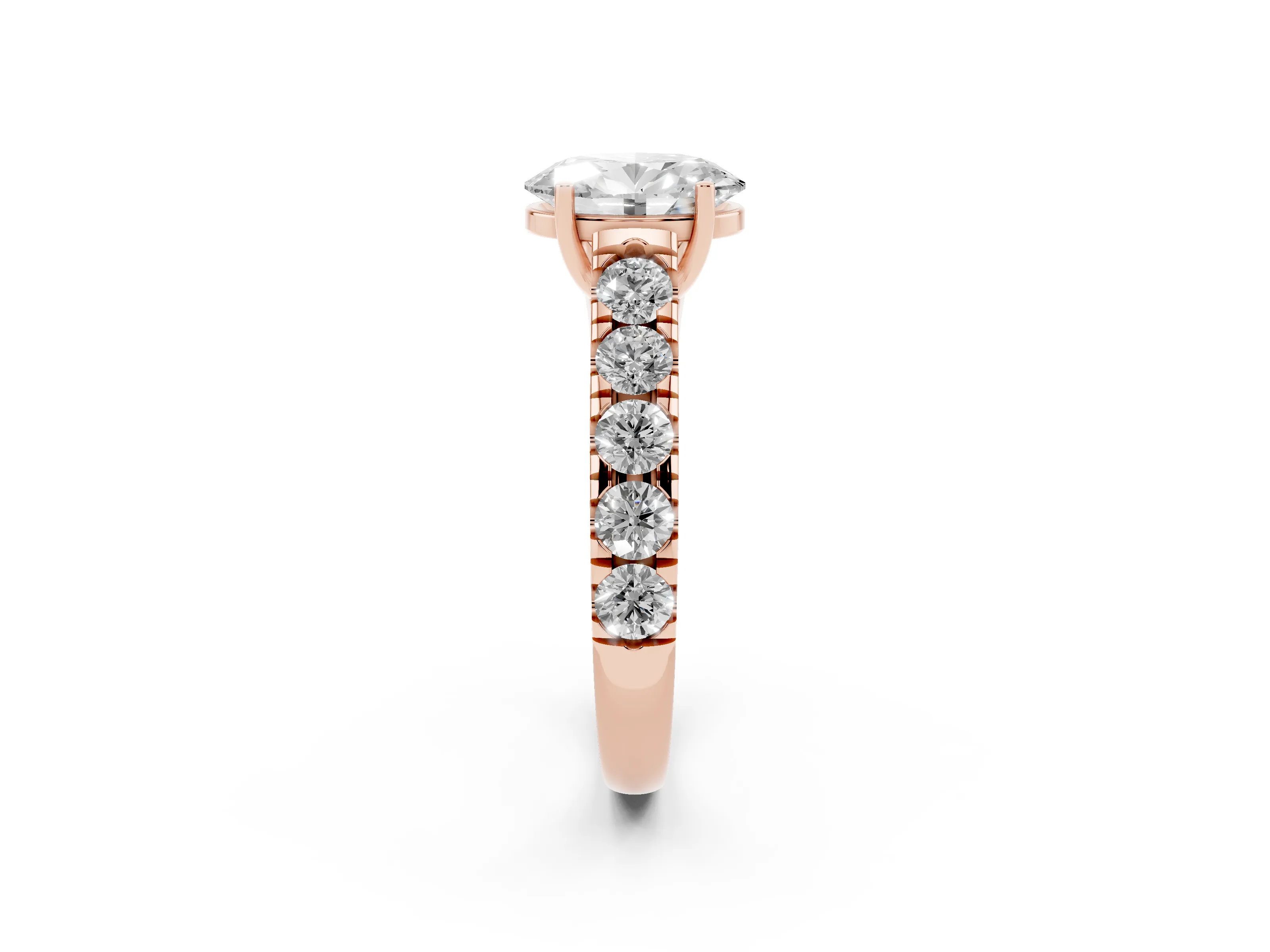 Oval Cut Diamond Solitaire Ring Set in Rose gold with Cut-Down Micro Pavé Band and Prong Setting