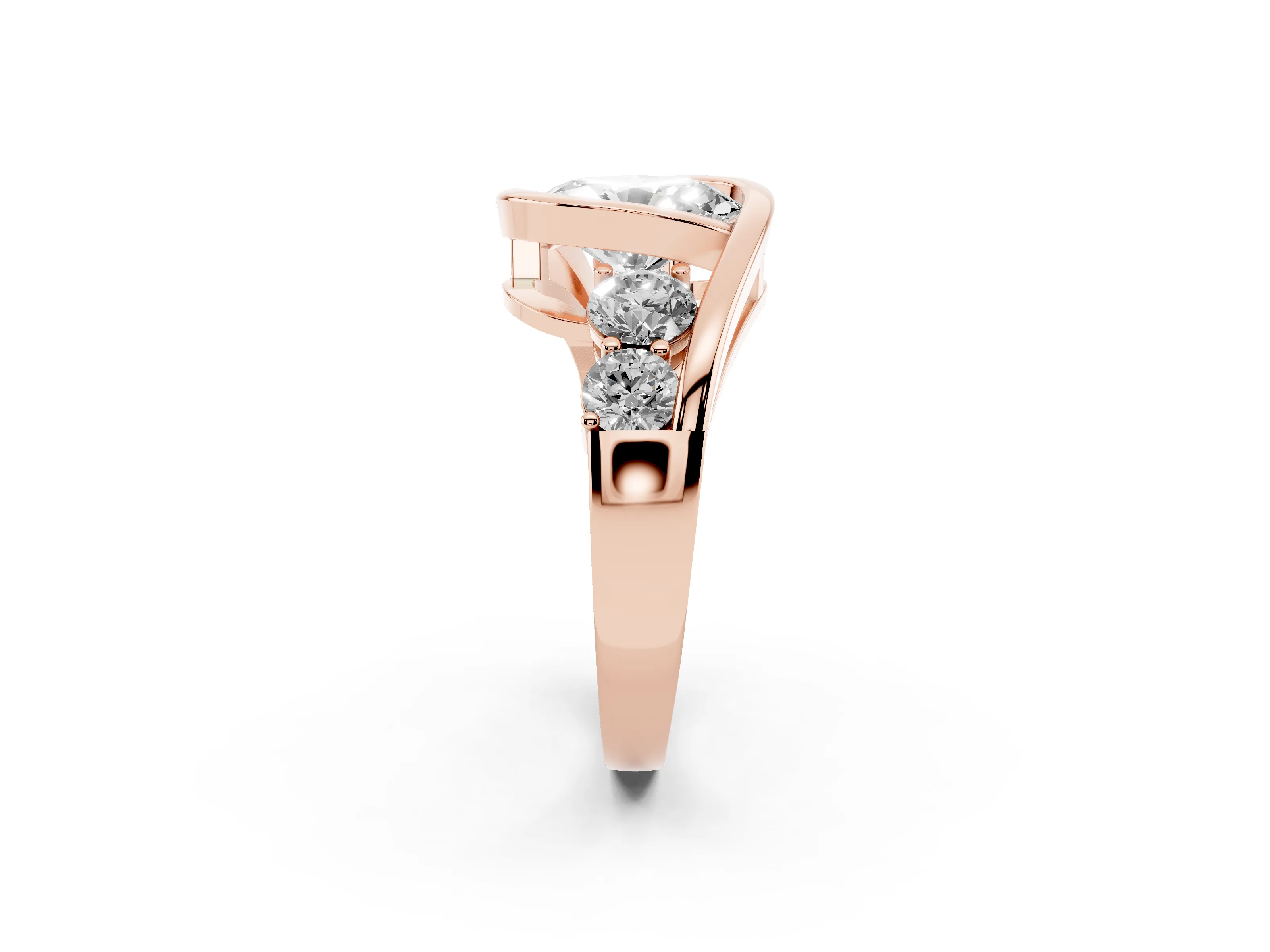 Oval Cut Diamond Bezel Bypass Ring Set in Rose gold with Round Accents