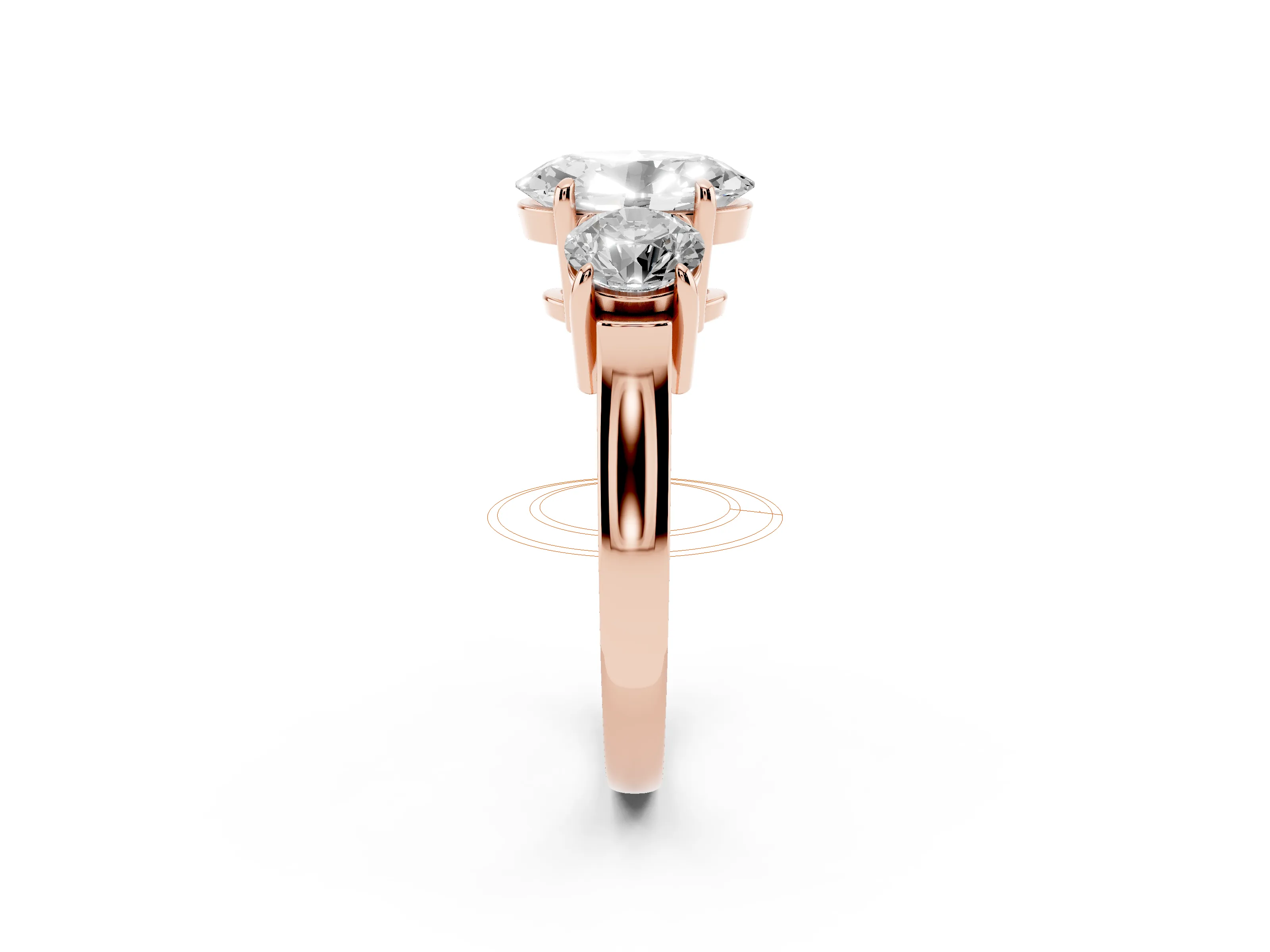 Oval Cut Diamond Three-Stone Ring Set in Rose gold with Round Accent Stones and Plain Band