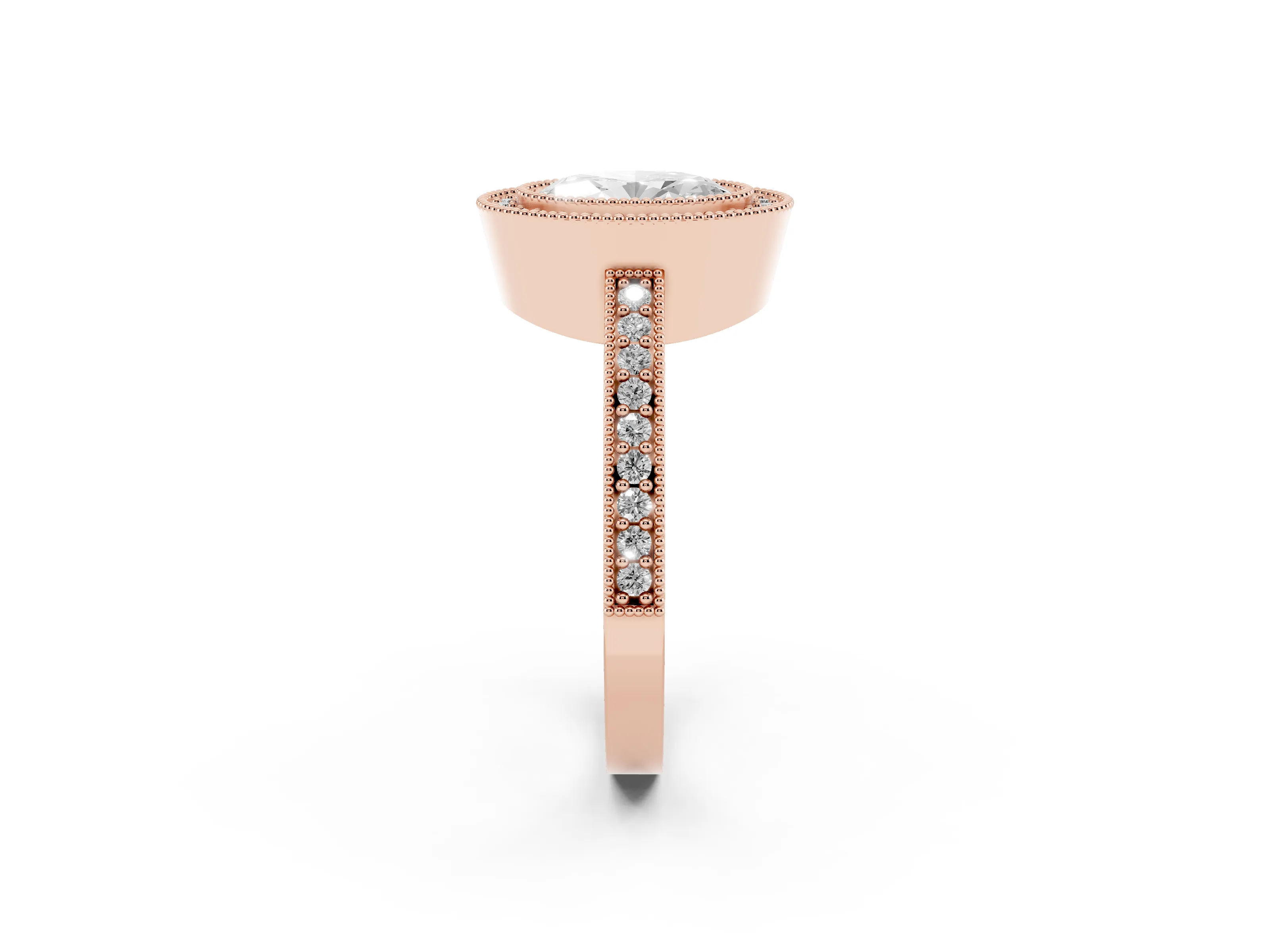 Oval Cut Diamond Halo Engagement Ring Set in Rose gold with Pavé Band and Round Halo Stones
