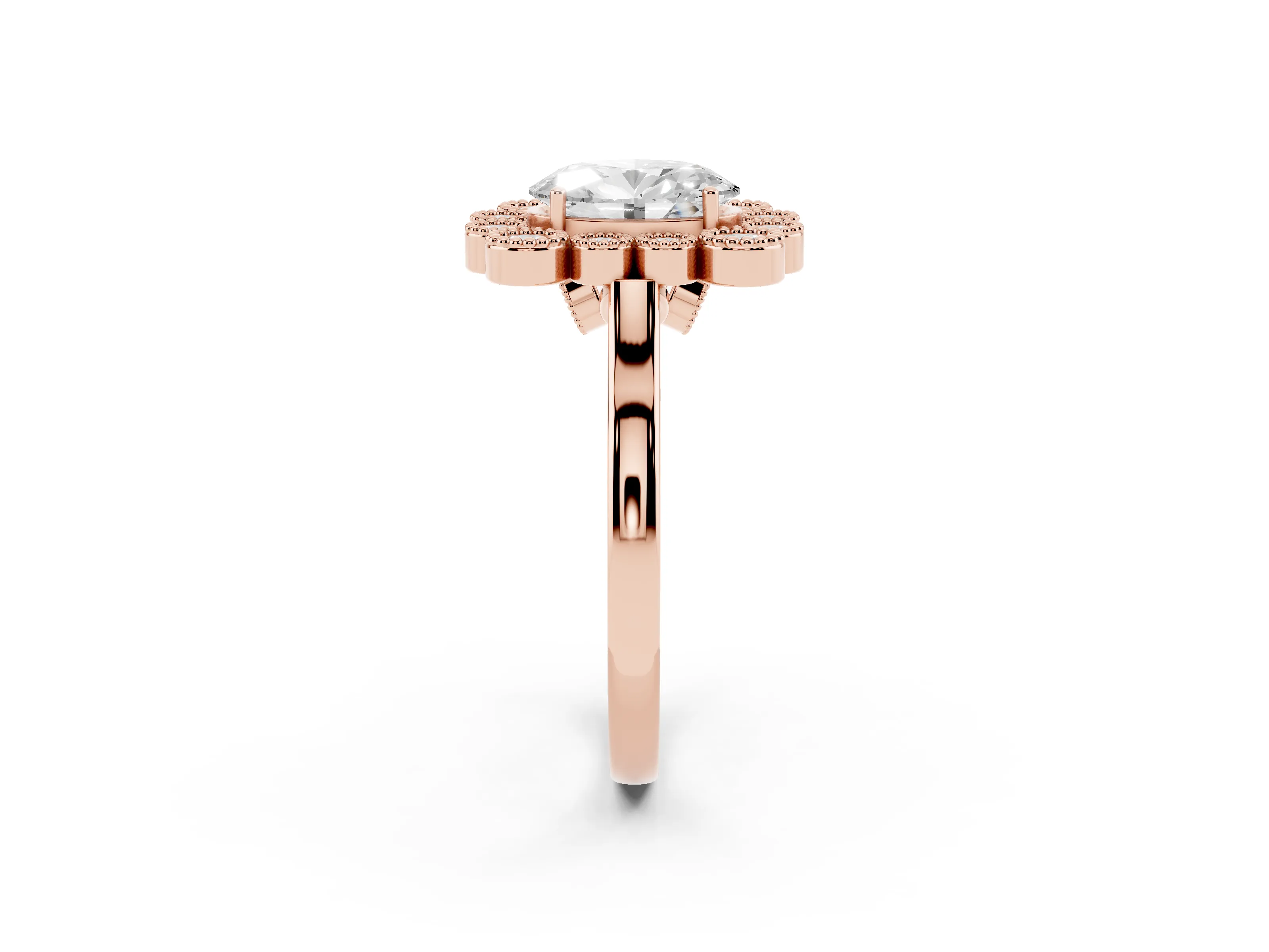 Oval Cut Diamond Cluster Halo Ring Set in Rose gold with Milgrain Bezel Accents and Plain Band