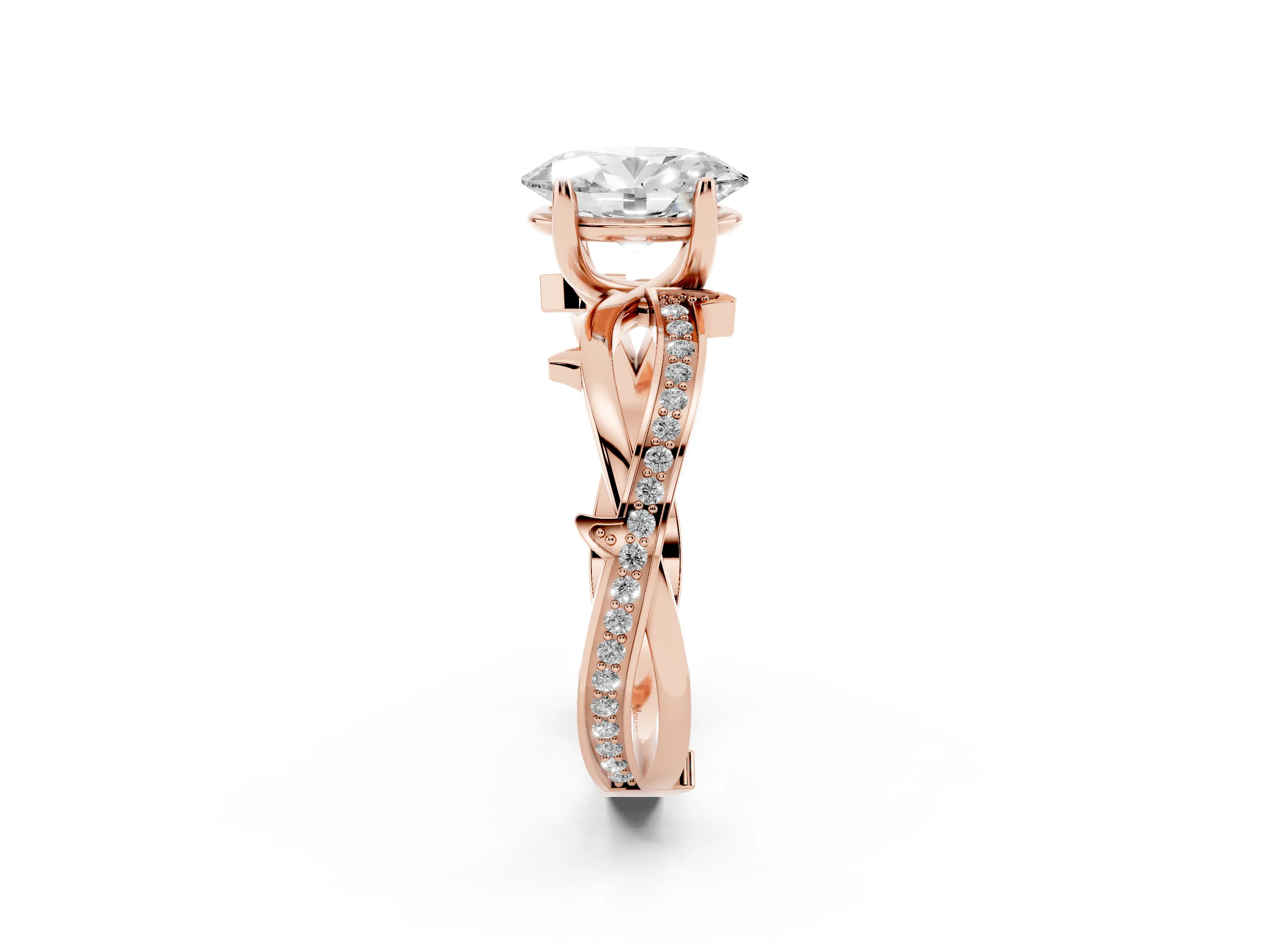 Oval Cut Diamond Pavé Twist Band Solitaire Ring Set in Rose gold with Prong Setting