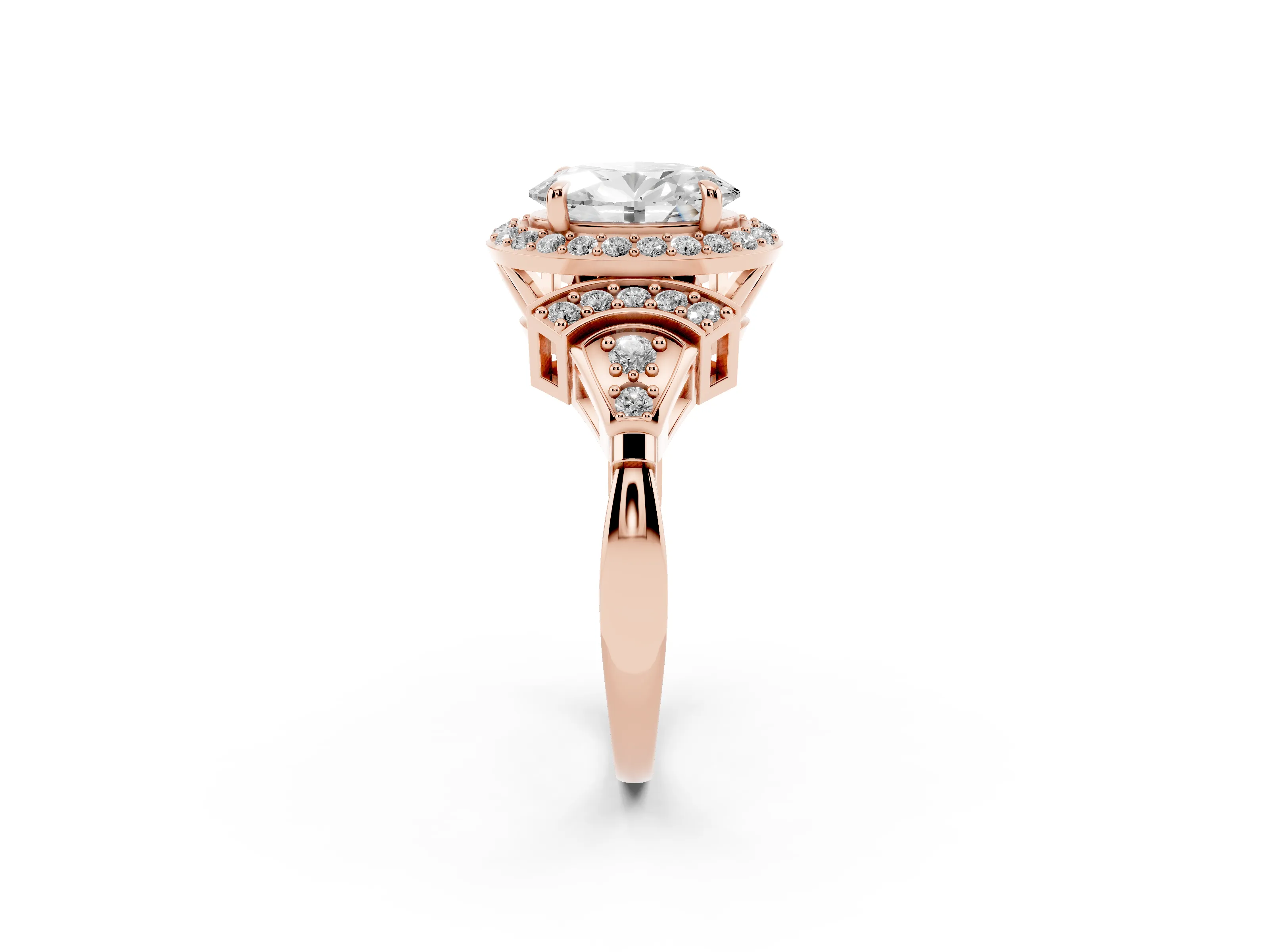 Oval Cut Diamond Halo Engagement Ring Set in Rose gold with Accent Stone Split Shank
