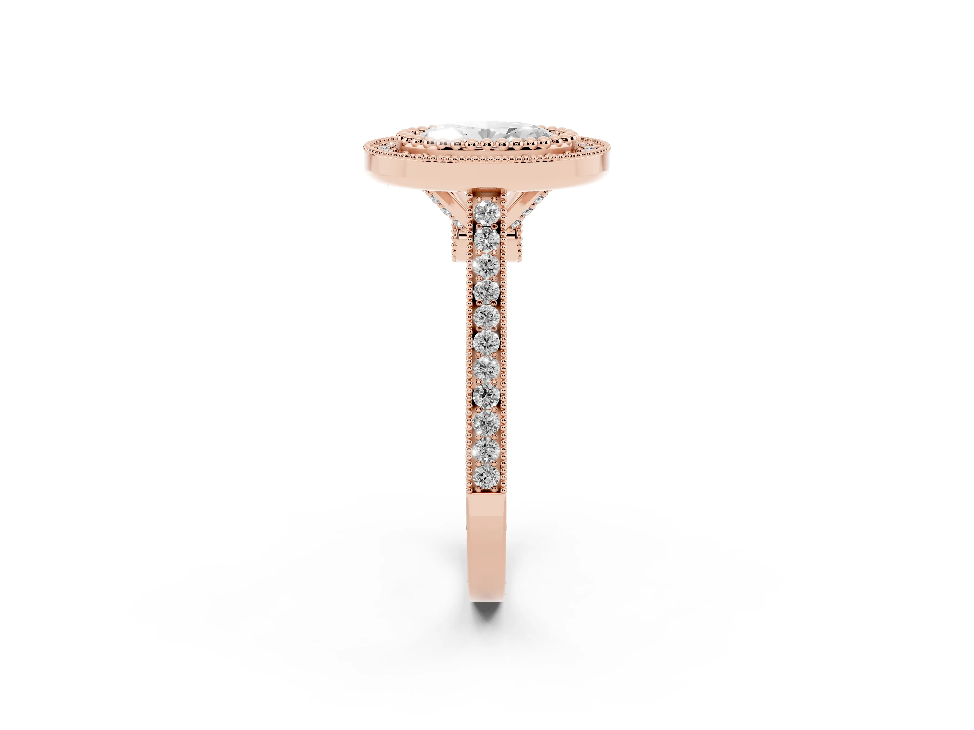 Oval Cut Diamond Halo Ring Set in Rose gold with Milgrain Frame and Pavé Band