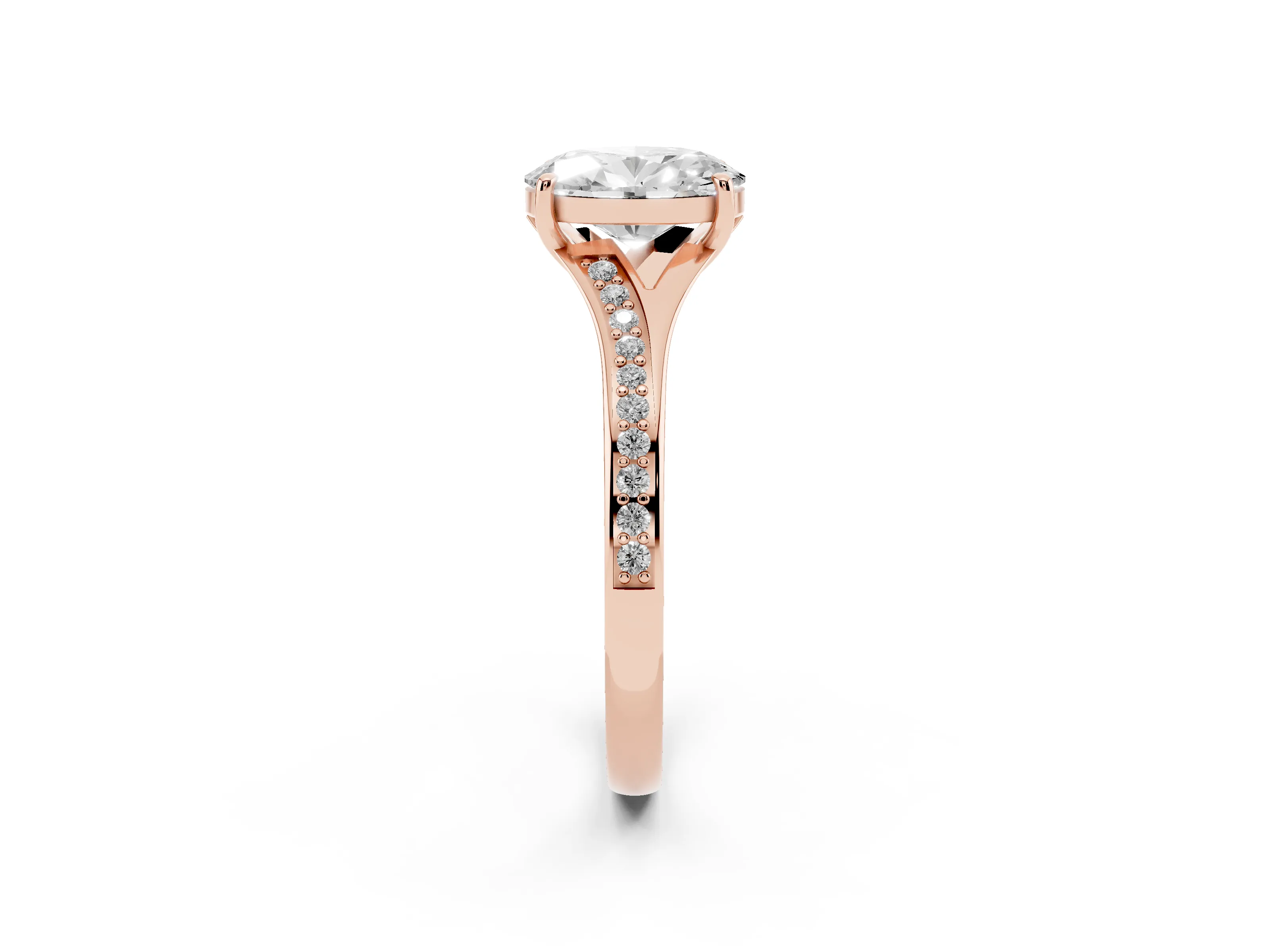 Oval Cut Diamond Solitaire Ring Set in Rose gold with Pavé Accent Band and Classic Prong Setting