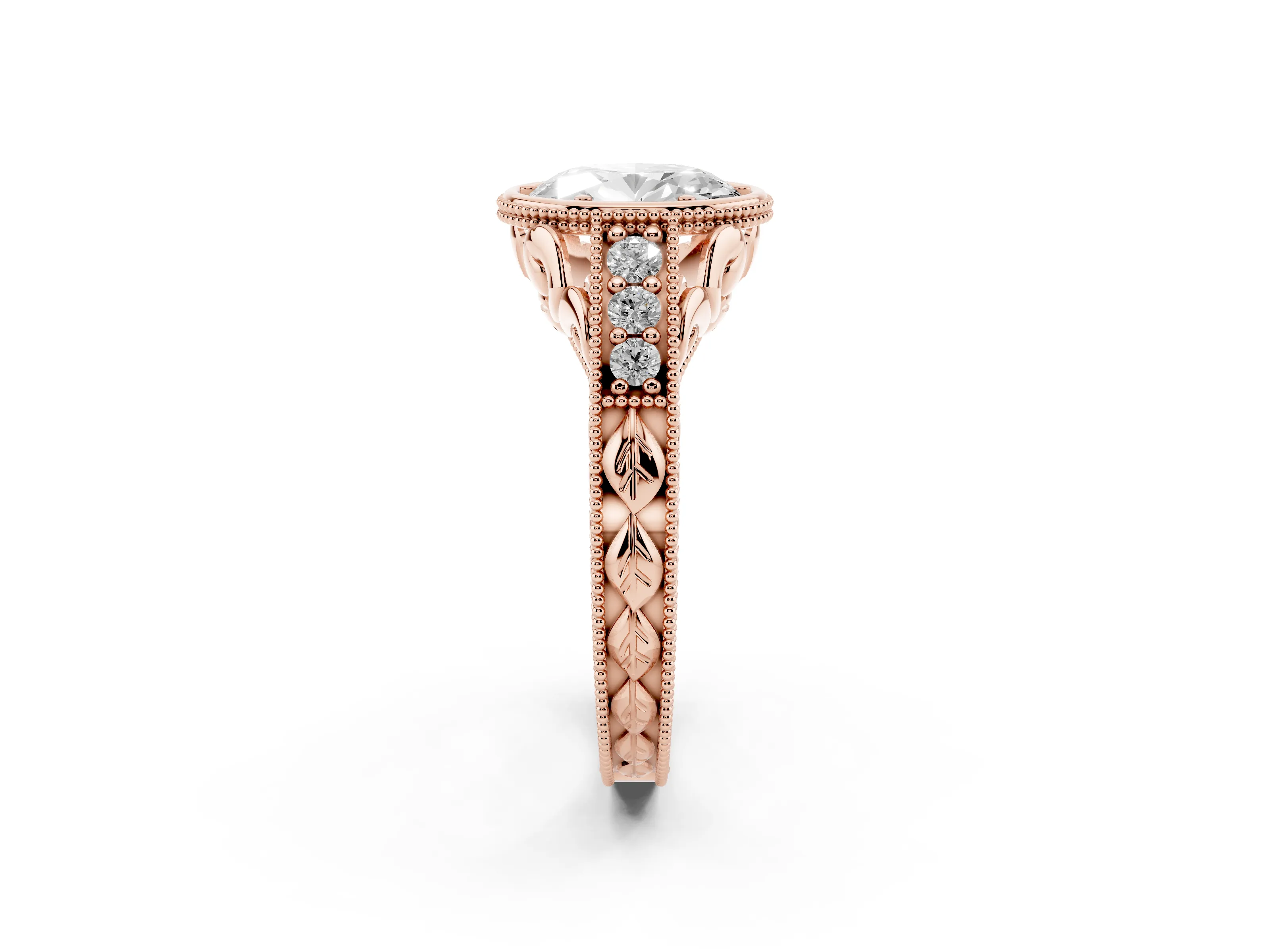 Bezel Set Oval Cut Diamond Milgrain Pavé Engagement Ring Set in Rose gold