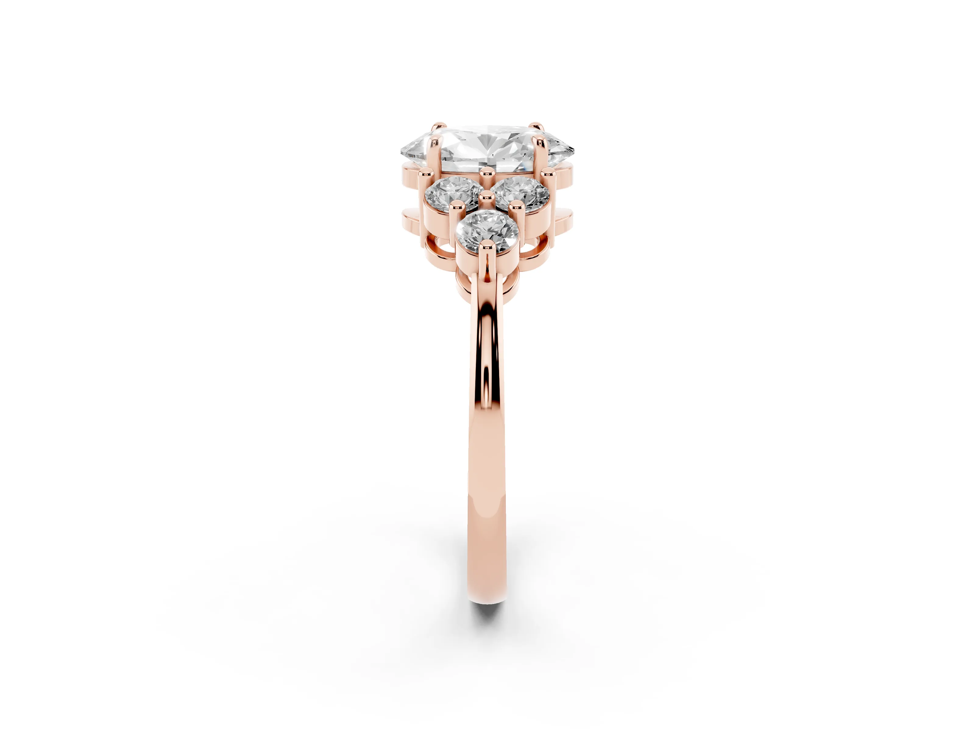 Oval Cut Diamond Solitaire Ring Set in Rose gold with Cluster Accents on Each Side