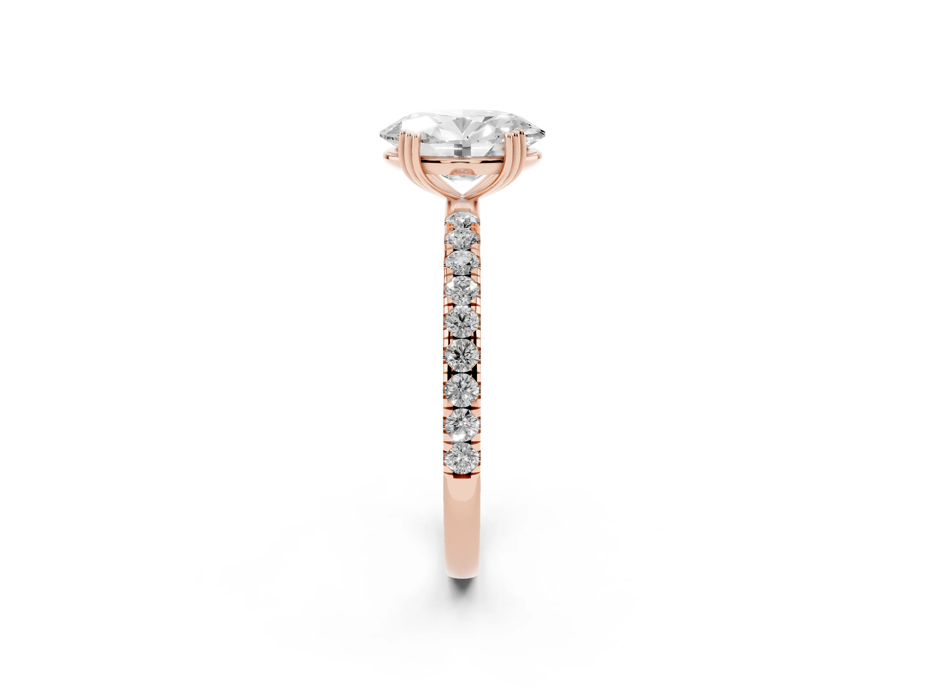 Oval Cut Diamond Brilliant Solitaire Set in Rose gold with Pavé Band and Claw Prong Setting