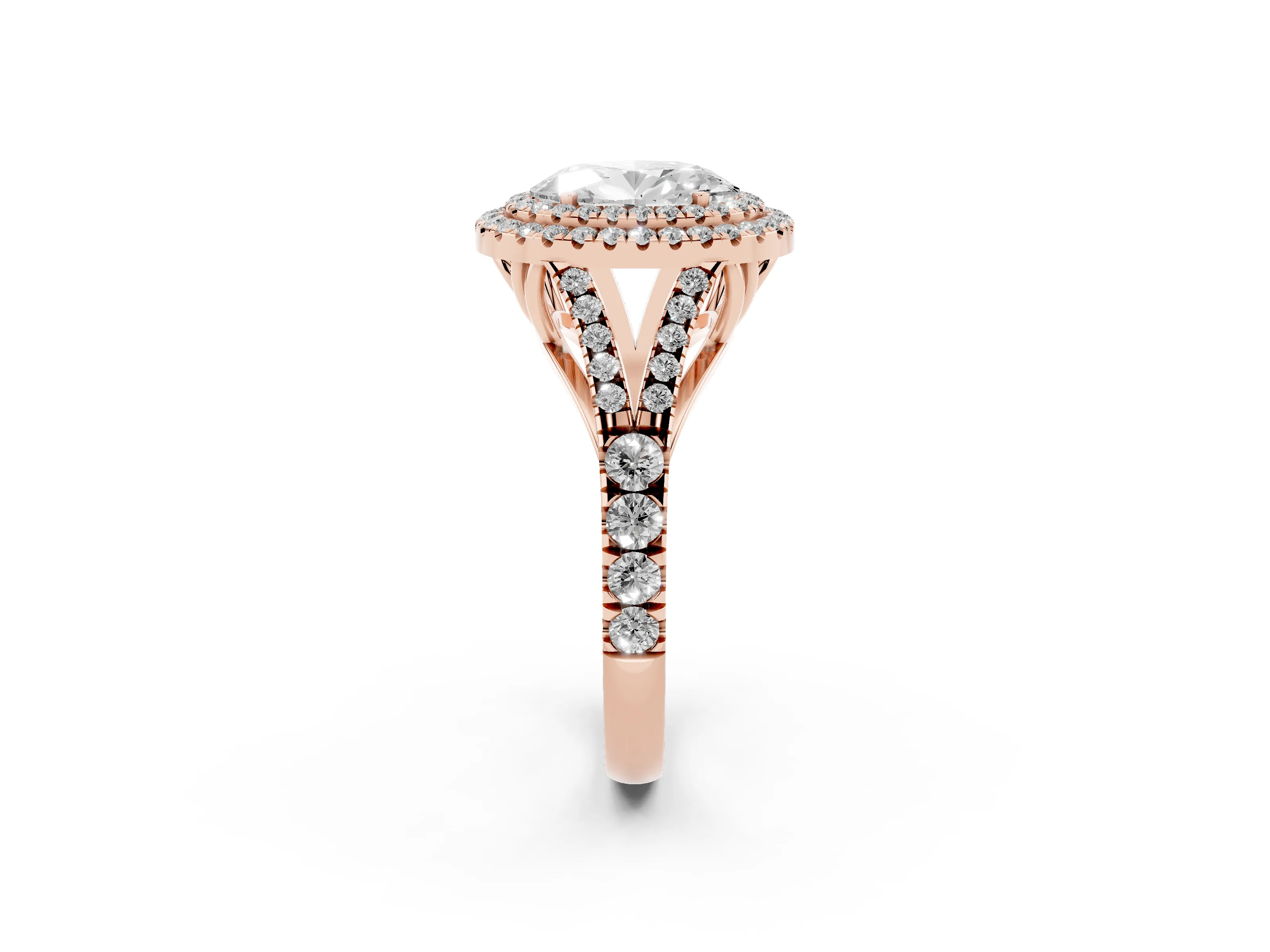 Oval Cut Diamond Pavé Split Shank Double Halo Engagement Ring Set in Rose gold