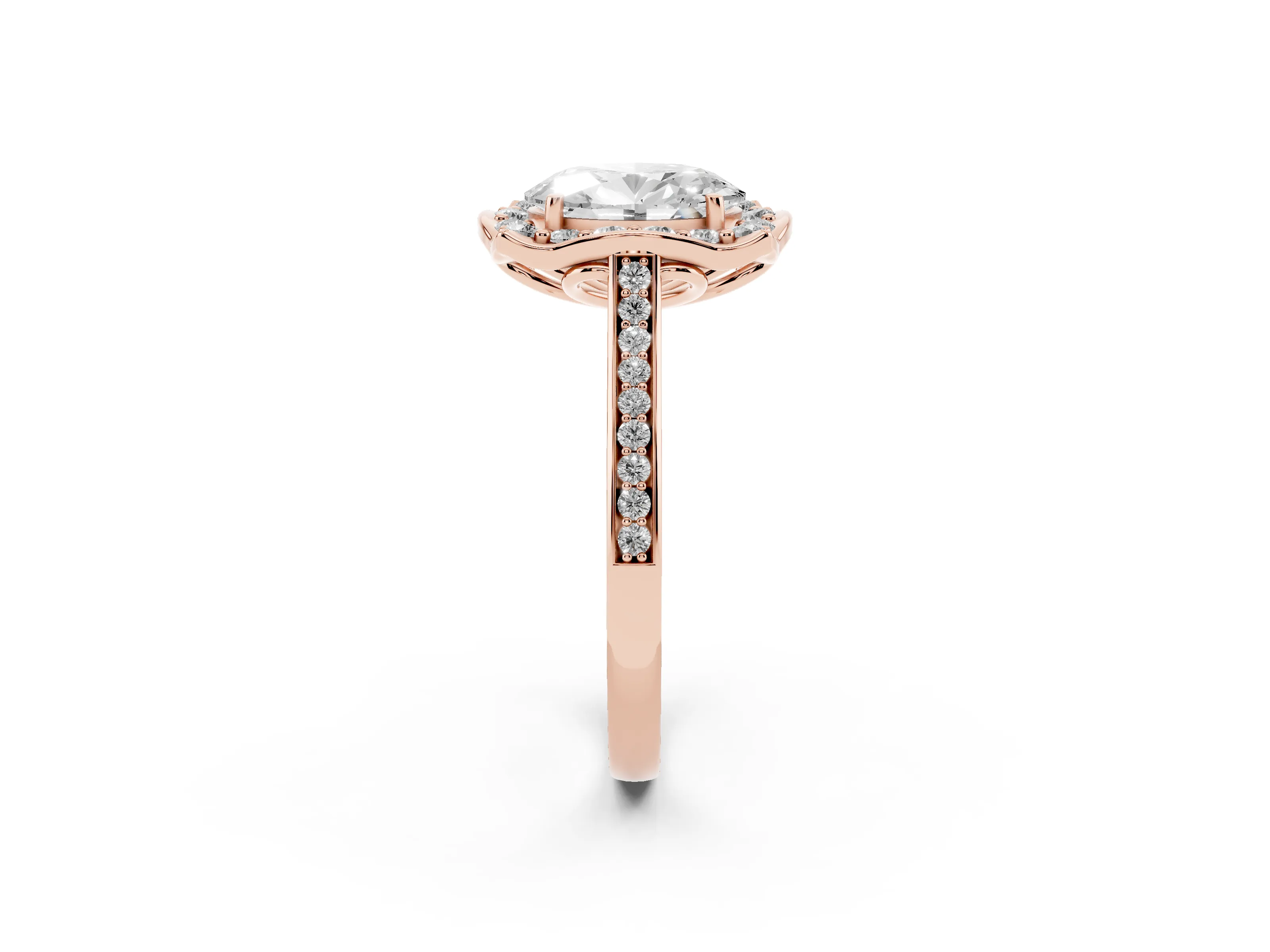 Oval Cut Diamond Halo Ring Set in Rose gold with Pavé-Lined Shoulders and Prong Setting