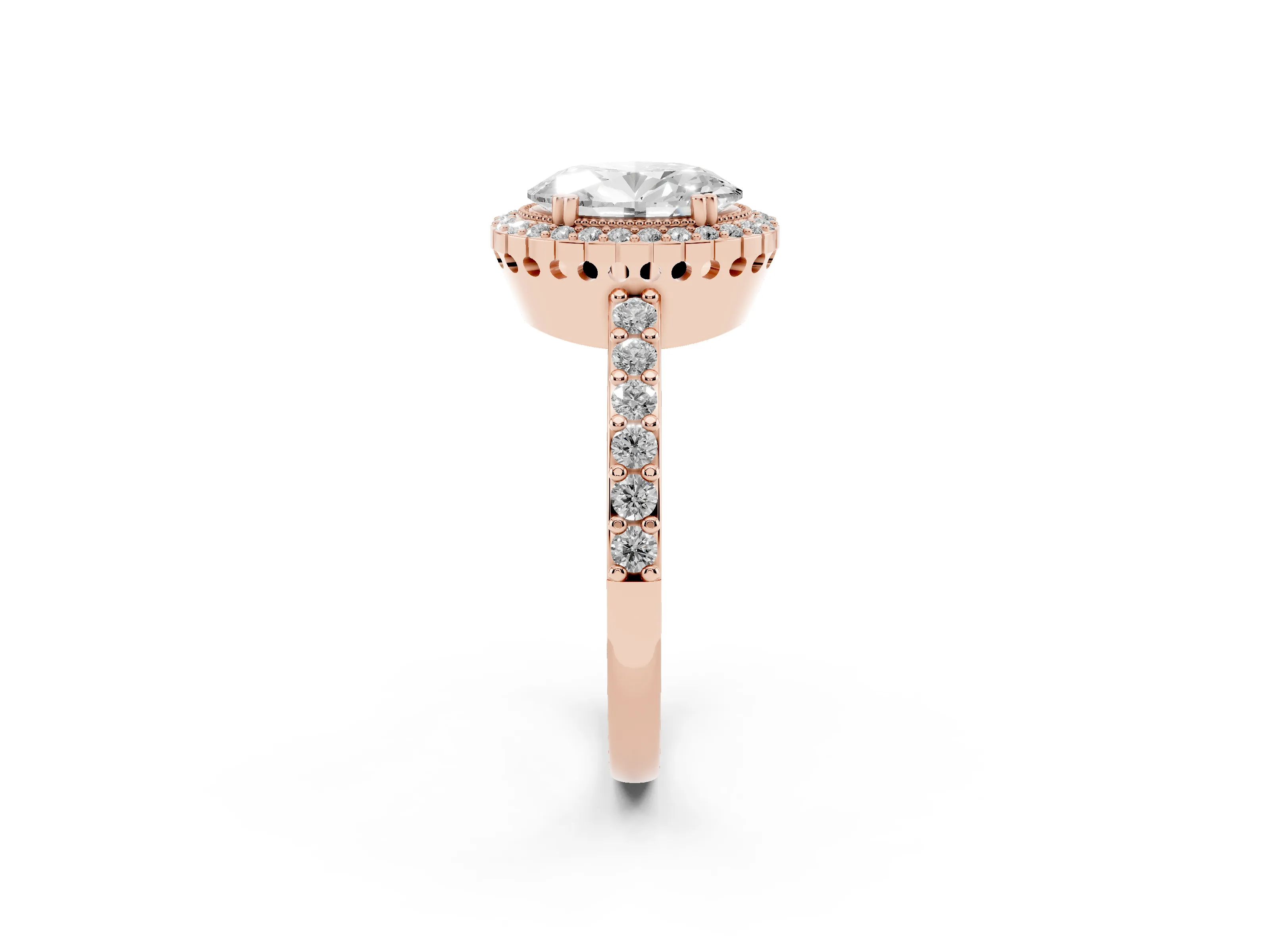 Oval Cut Diamond Halo Engagement Ring Set in Rose gold with Milgrain Detail and Pavé Band