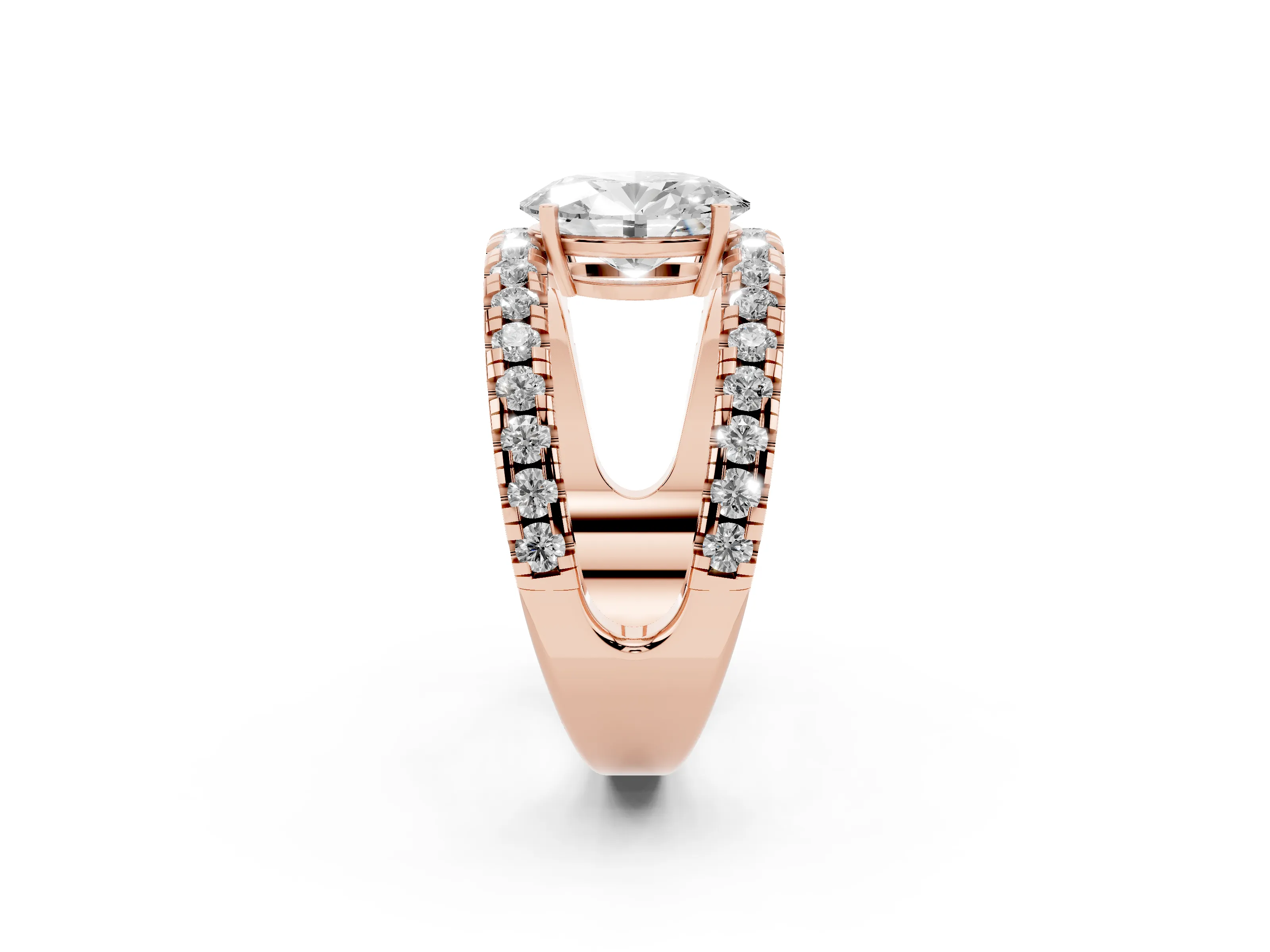 Oval Cut Diamond Split Shank Pavé Solitaire Ring Set in Rose gold with Open Shank Design