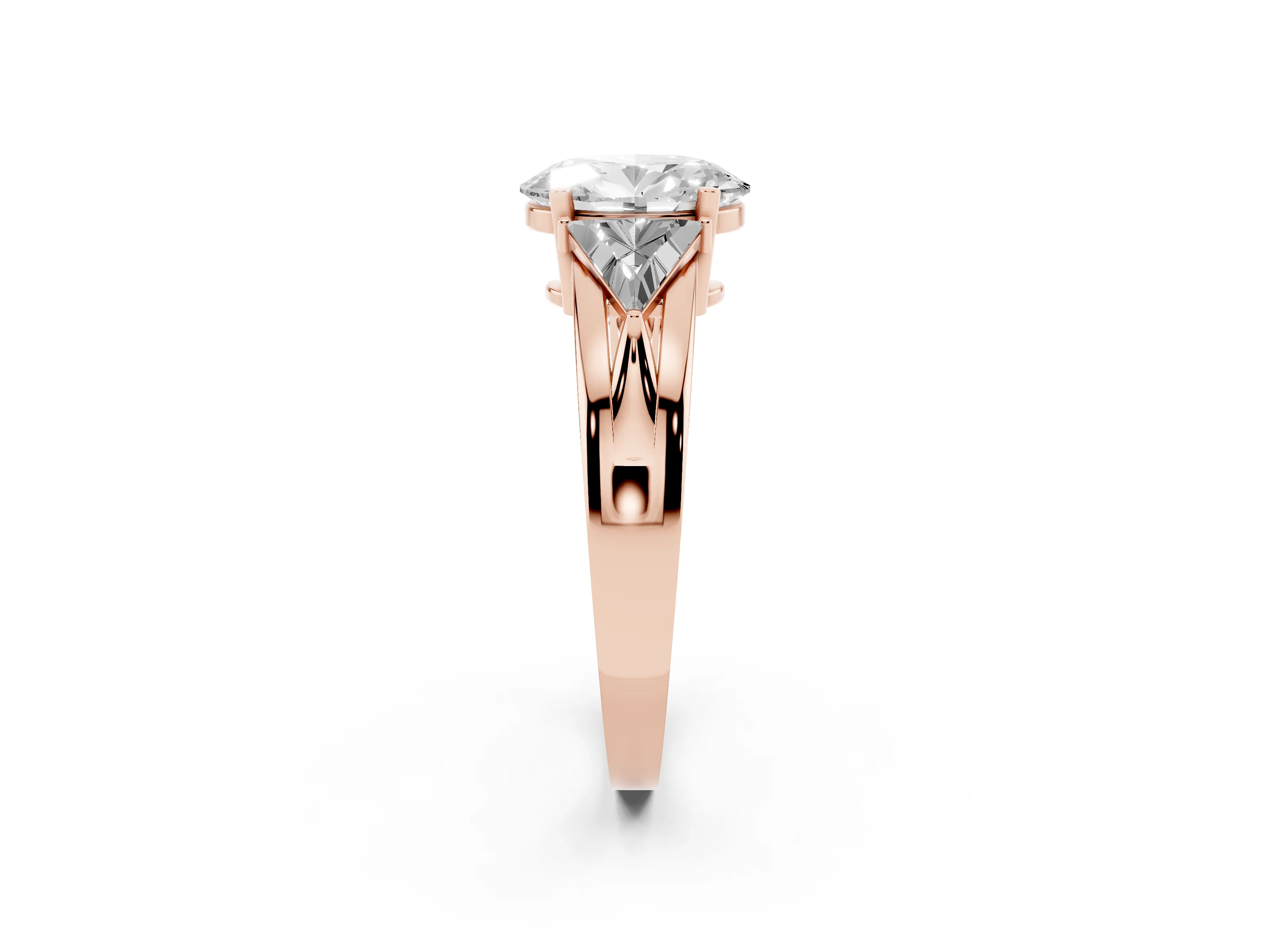 Oval Cut Diamond Three-Stone Ring Set in Rose gold with Trillion Side Stones and Split Shank