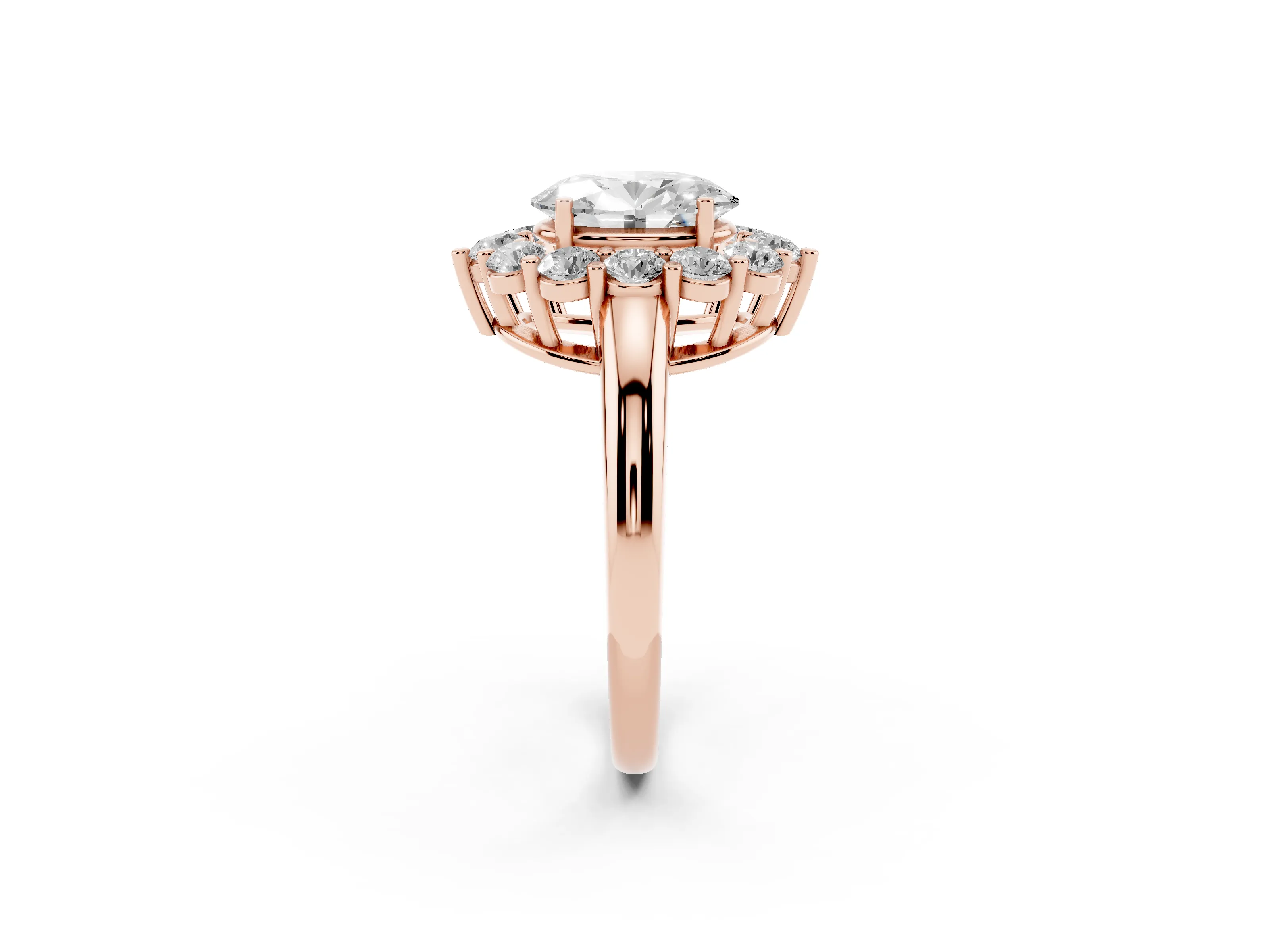 Oval Cut Diamond Halo Cluster Engagement Ring Set in Rose gold with Polished Band and Prong Setting