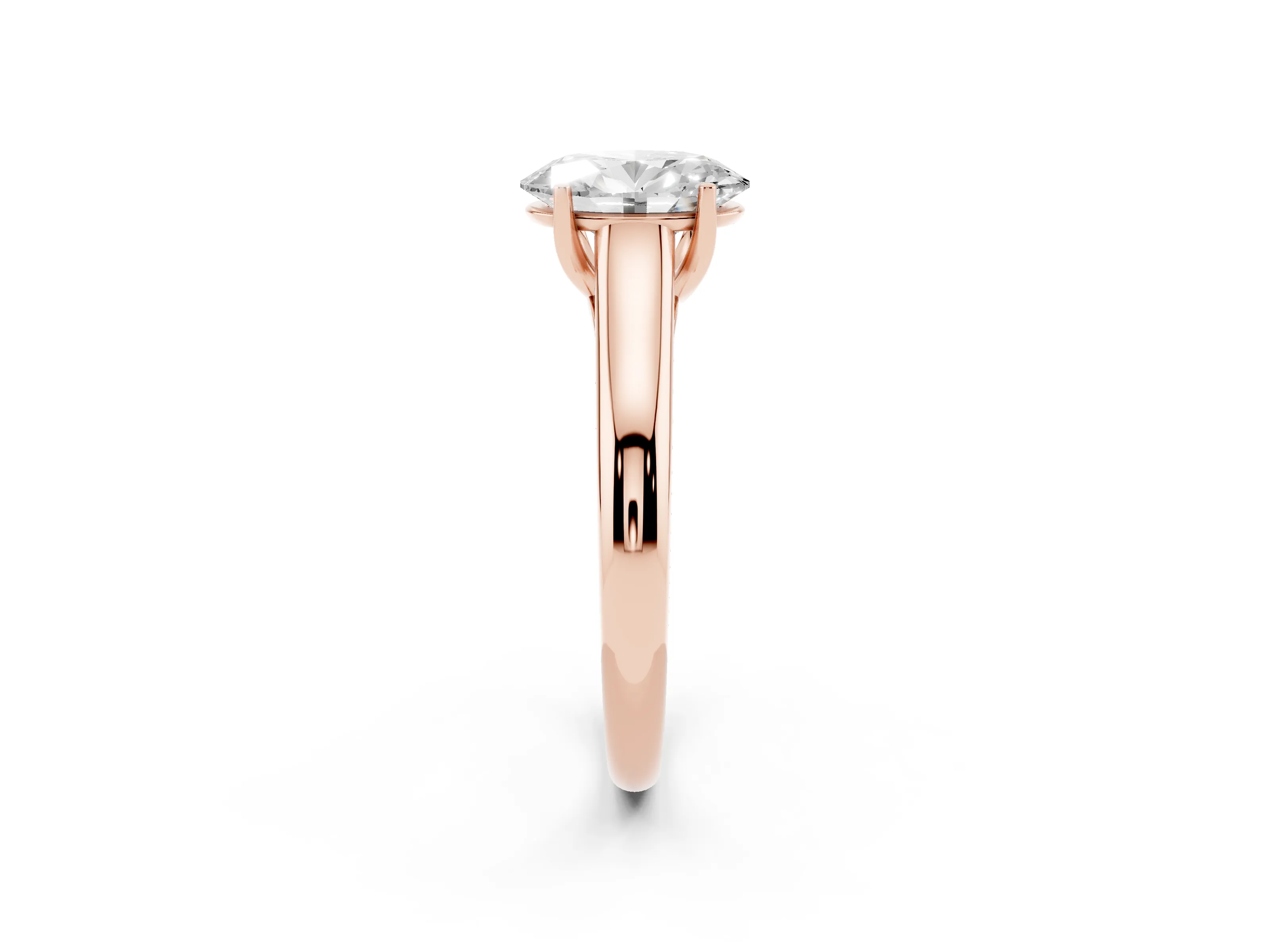 Oval Cut Diamond Solitaire Engagement Ring Set in Rose gold with Subtly Tapered Band and Prong Setting