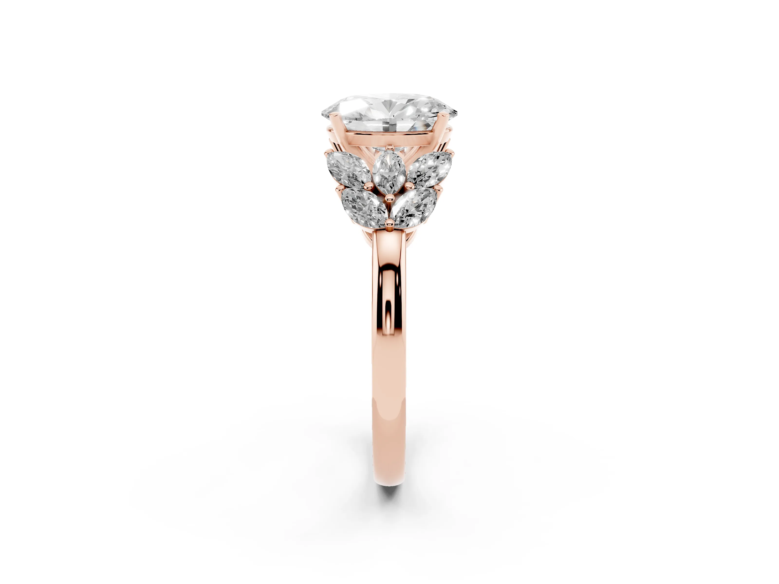Oval Cut Diamond Cluster Leaf Design Ring Set in Rose gold with Prong Setting