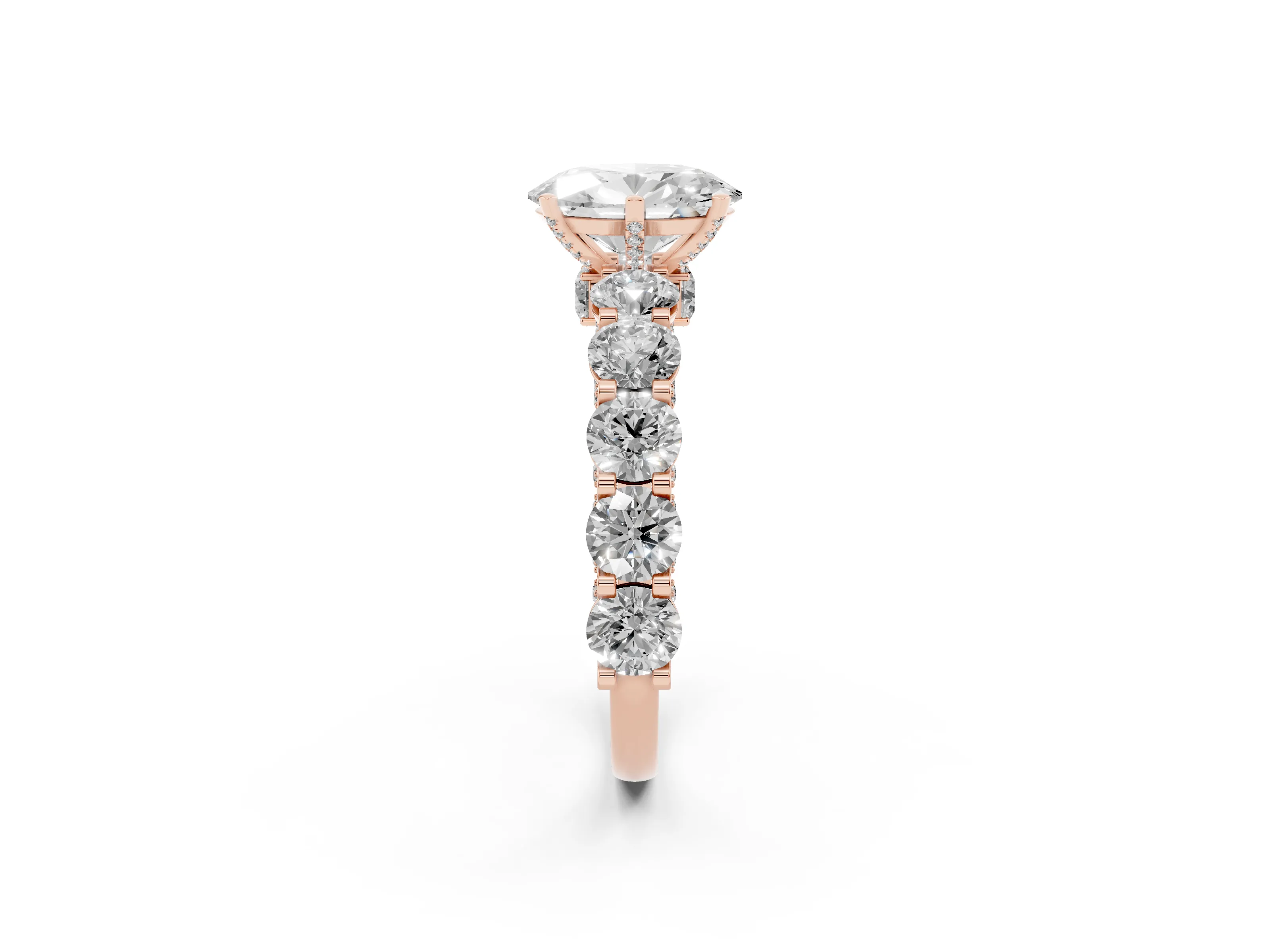 Oval Cut Diamond Side Stone Ring Set in Rose gold with Alternating Round and Oval Side Stones