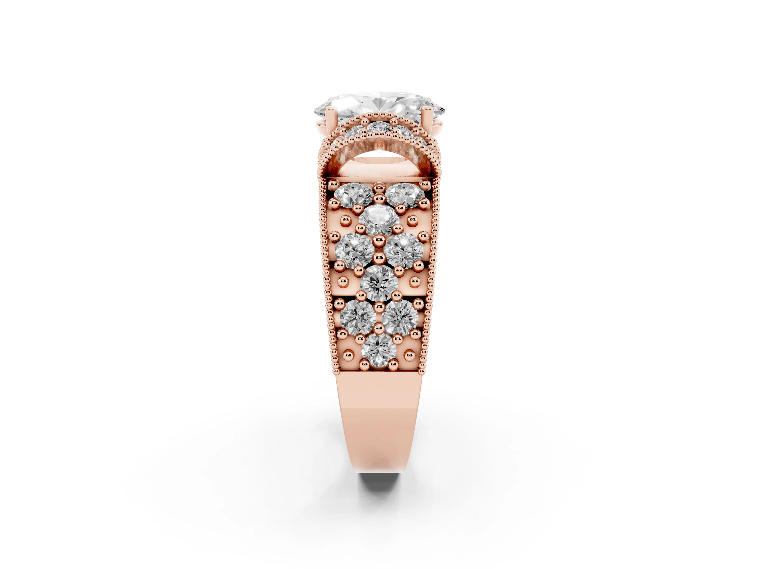 Oval Cut Diamond Milgrain Halo Pavé Engagement Ring Set in Rose gold with Prong Setting