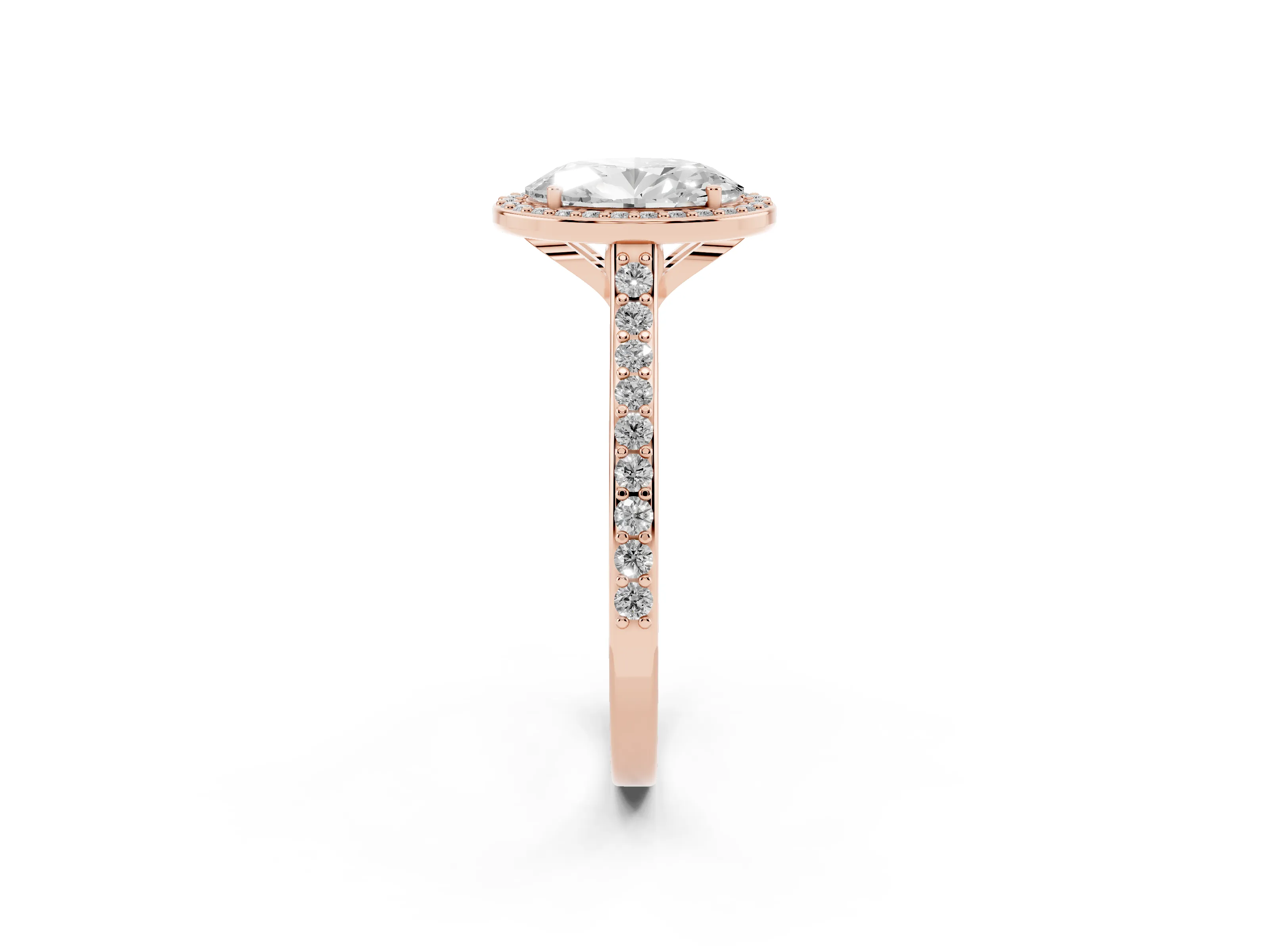 Oval Cut Diamond Halo Engagement Ring Set in Rose gold with Round Pavé Shoulders and Heart Gallery