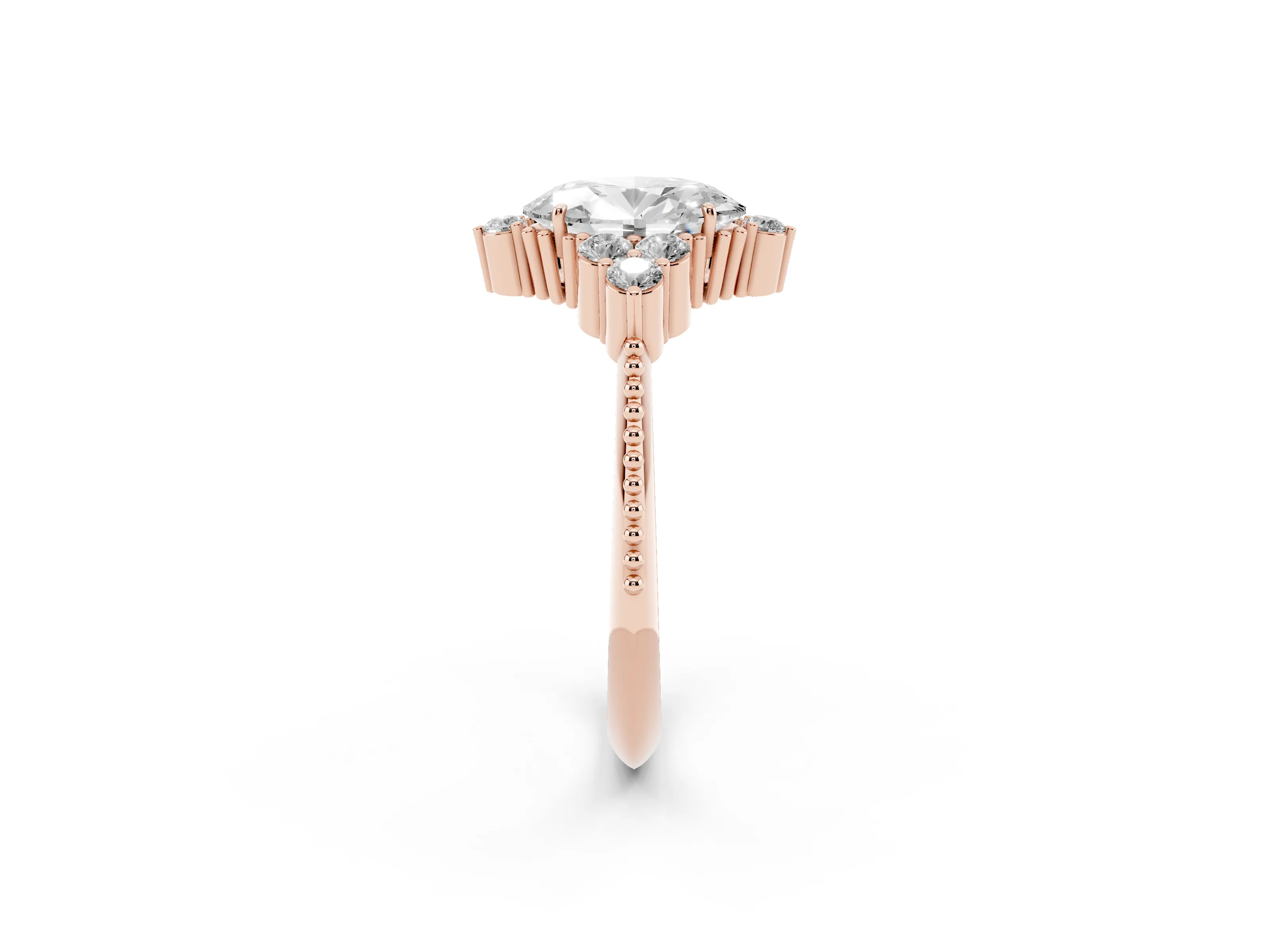 Oval Cut Diamond Cluster Ring Set in Rose gold with Beaded Band