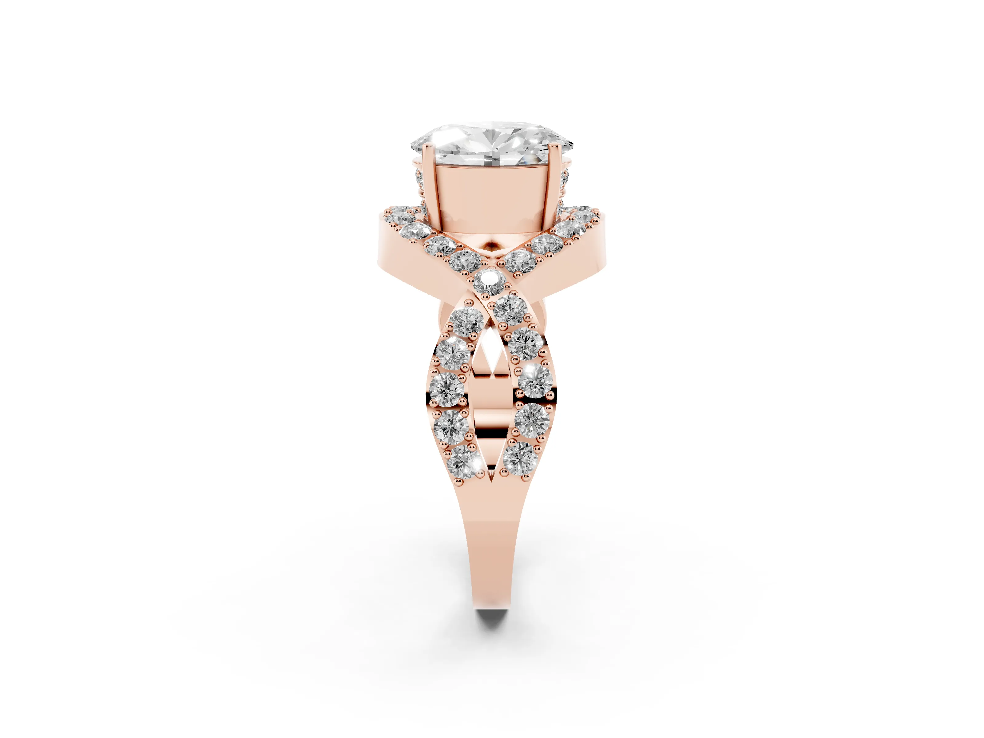 Oval Cut Diamond Solitaire Twist Band Pavé Engagement Ring Set in Rose gold