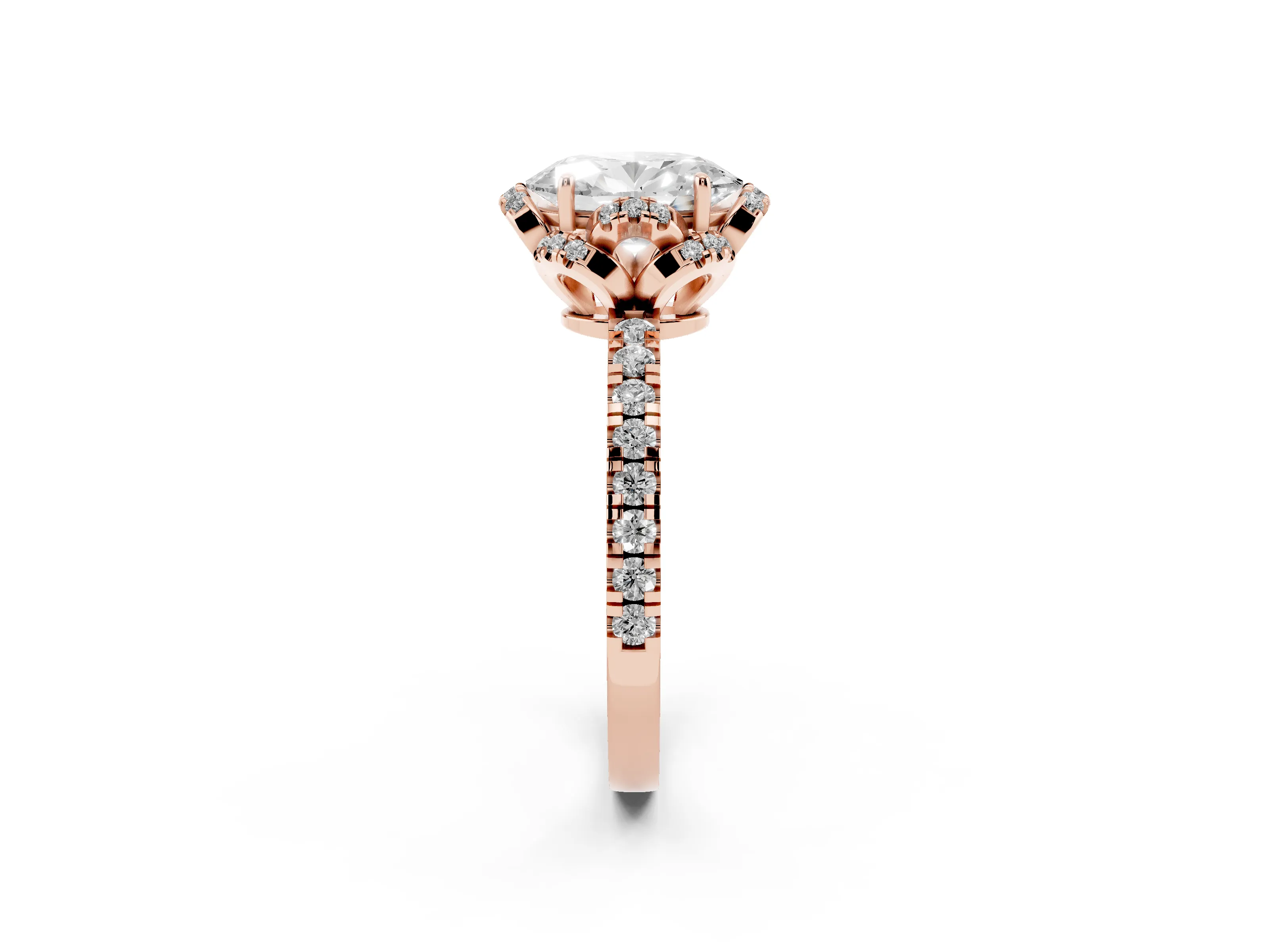 Oval Cut Diamond Halo Pavé Band Ring Set in Rose gold with Prong-Held Center