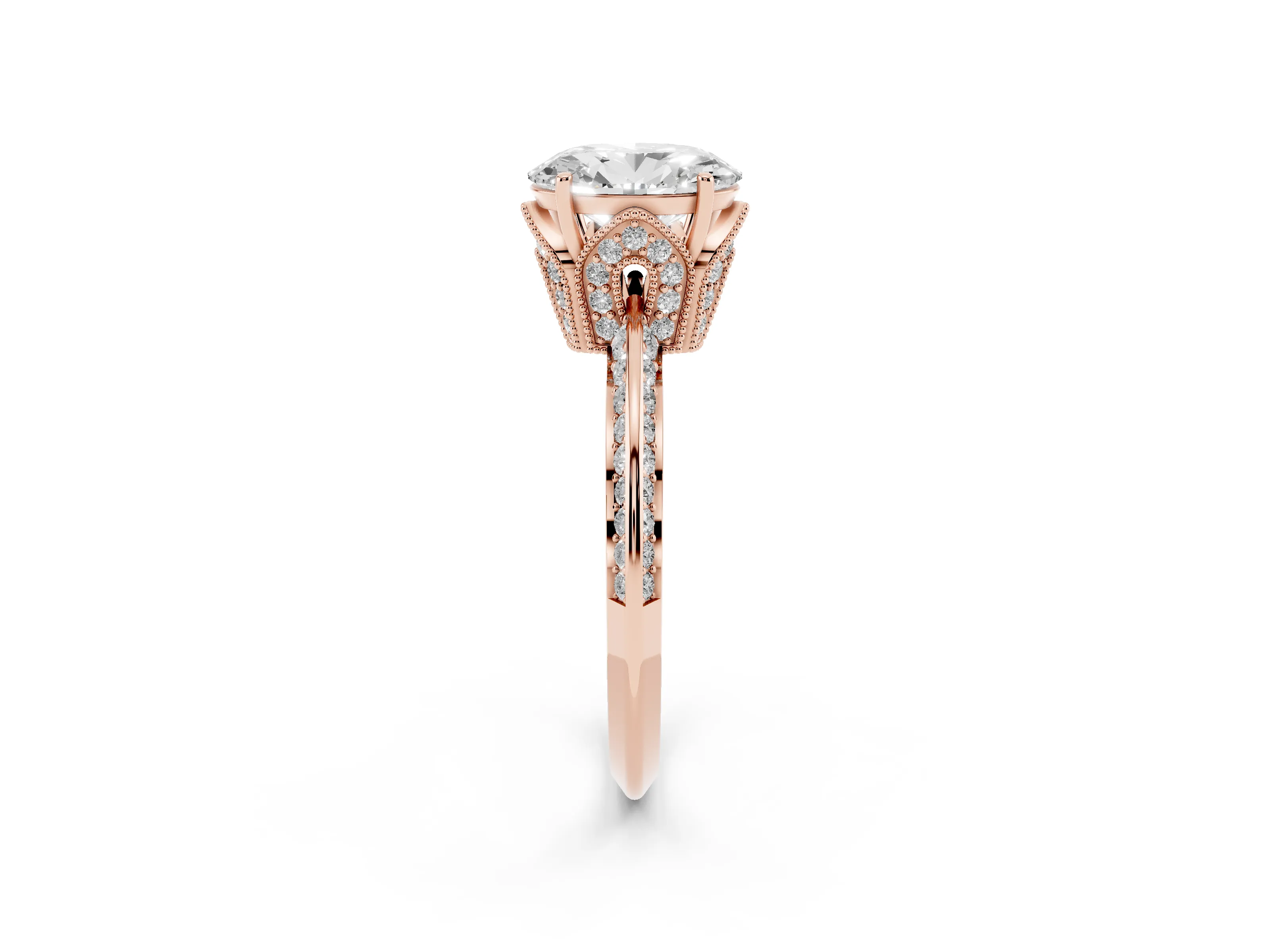 Oval Cut Diamond Solitaire Engagement Ring Set in Rose gold with Pavé Split Shank and Prong Setting