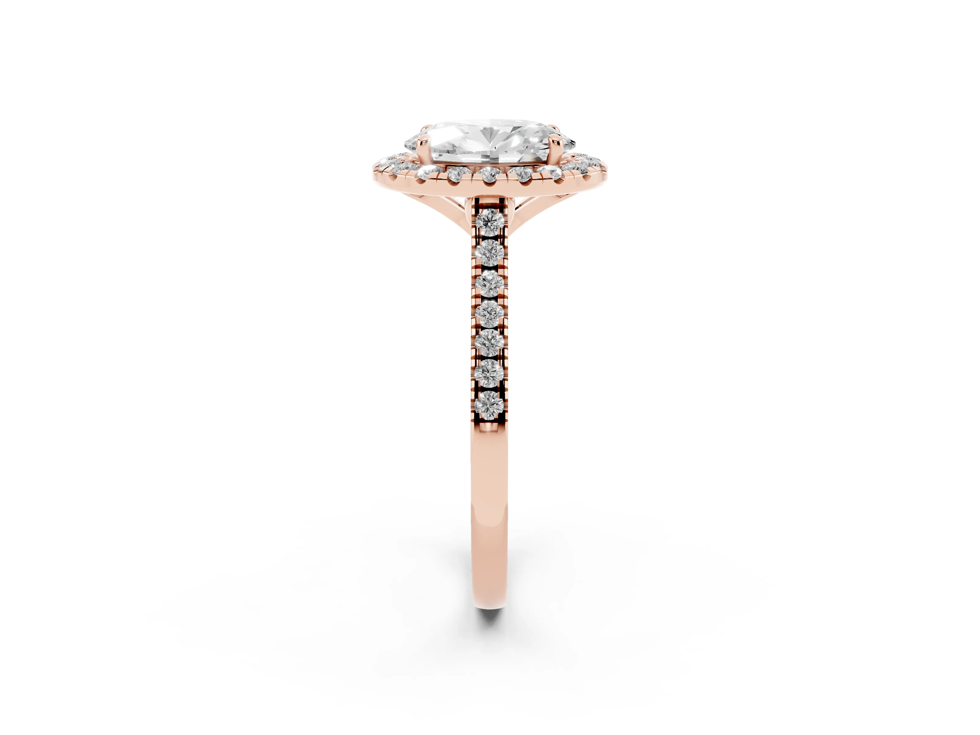 Oval Cut Diamond Cushion Halo Ring Set in Rose gold with Pavé Band