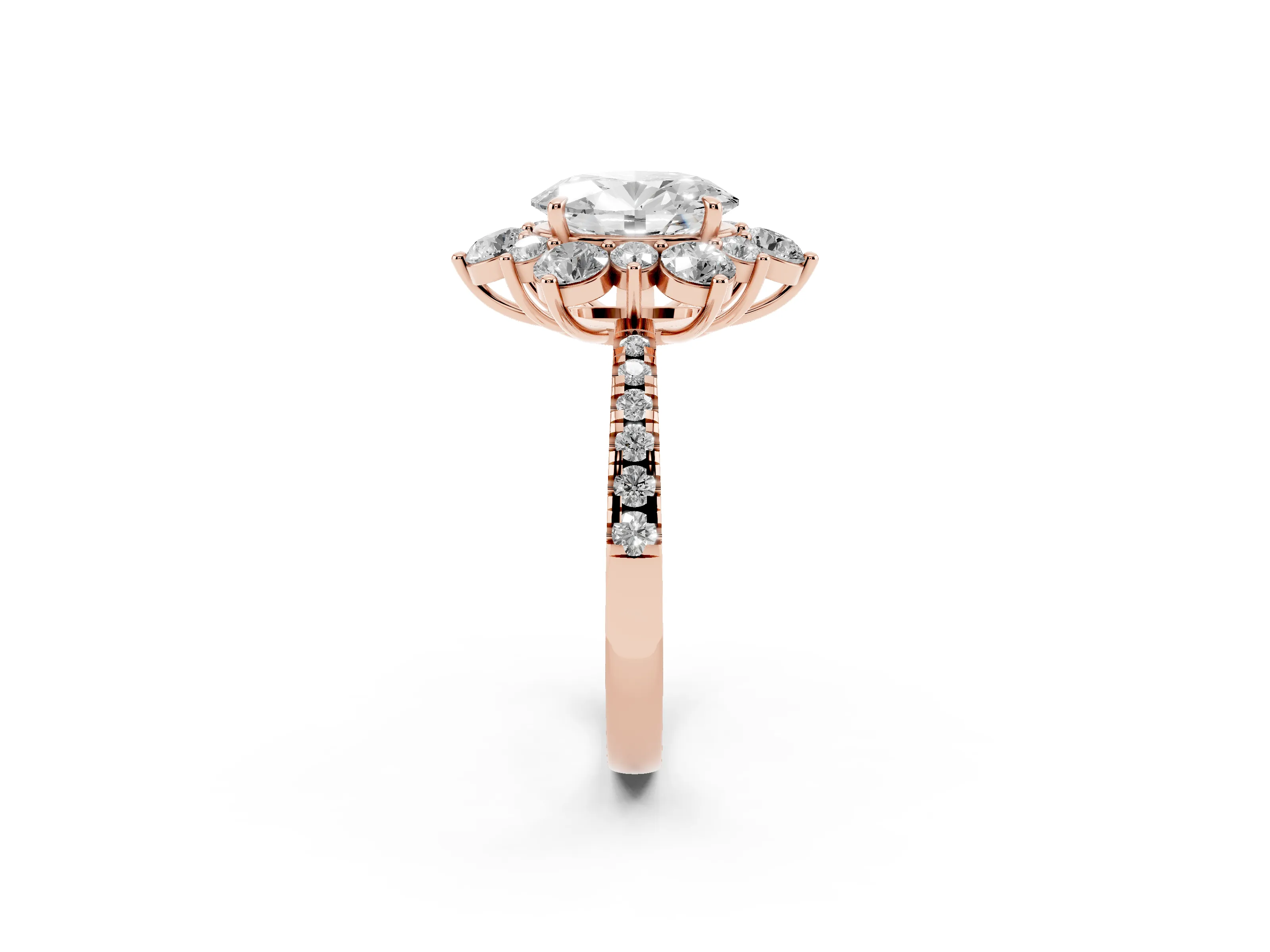 Oval Cut Diamond Floral Halo Ring Set in Rose gold with Round Pavé Band and Prong Setting