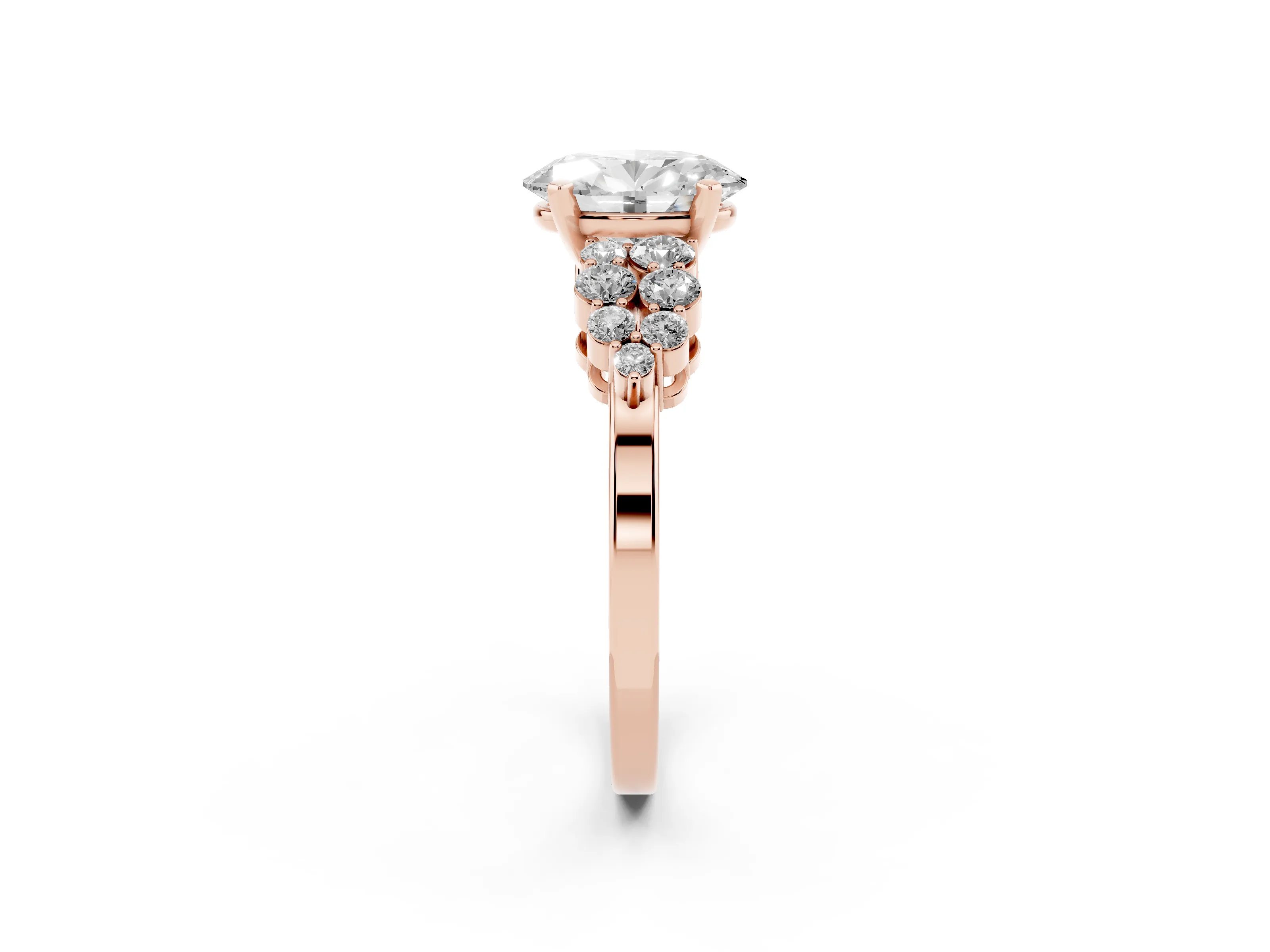 Oval Cut Diamond Cluster Engagement Ring Set in Rose gold with Pavé Band and Prong Setting