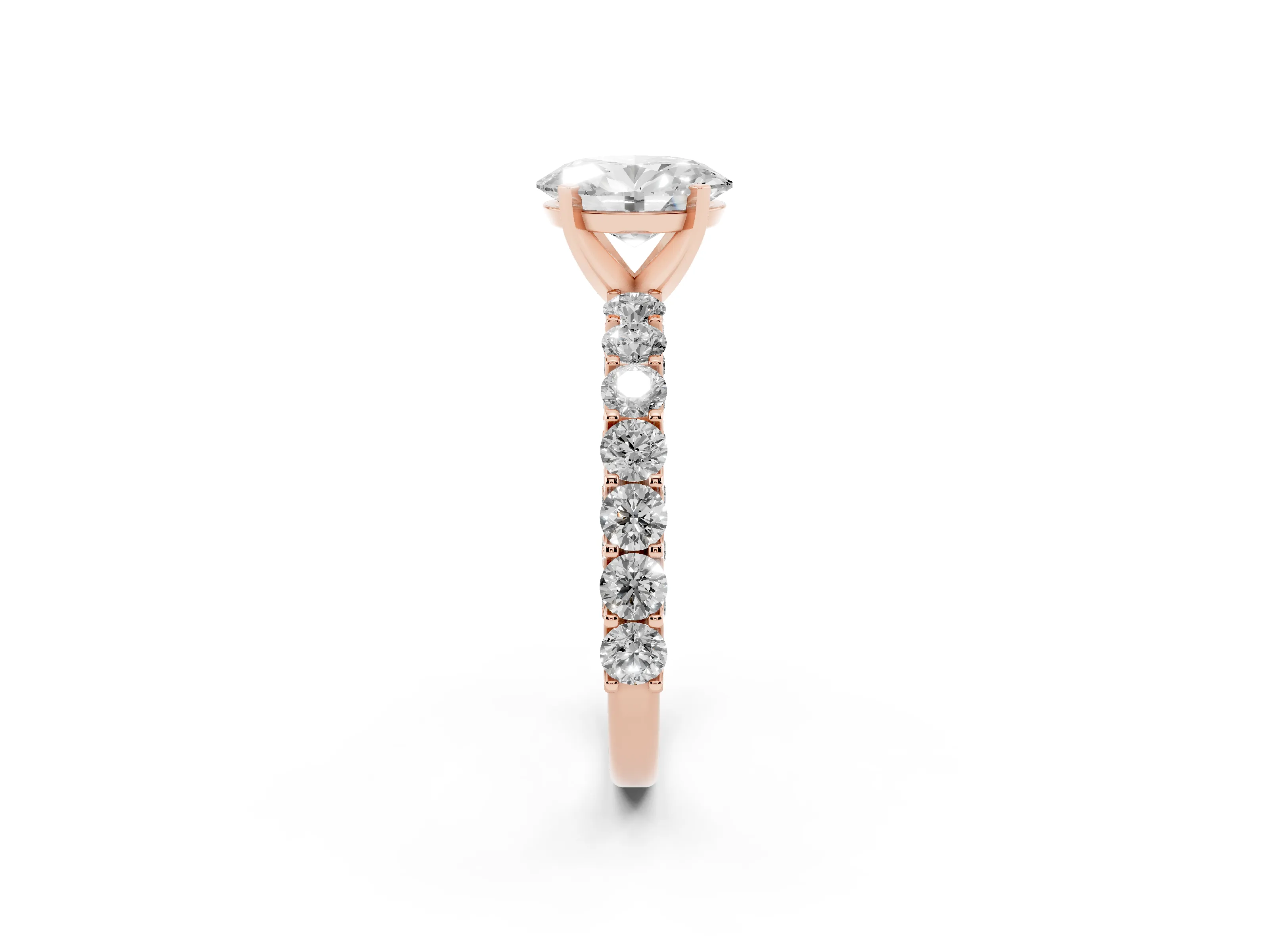 Oval Cut Diamond Solitaire Ring Set in Rose gold with Shared Prong Pavé Band