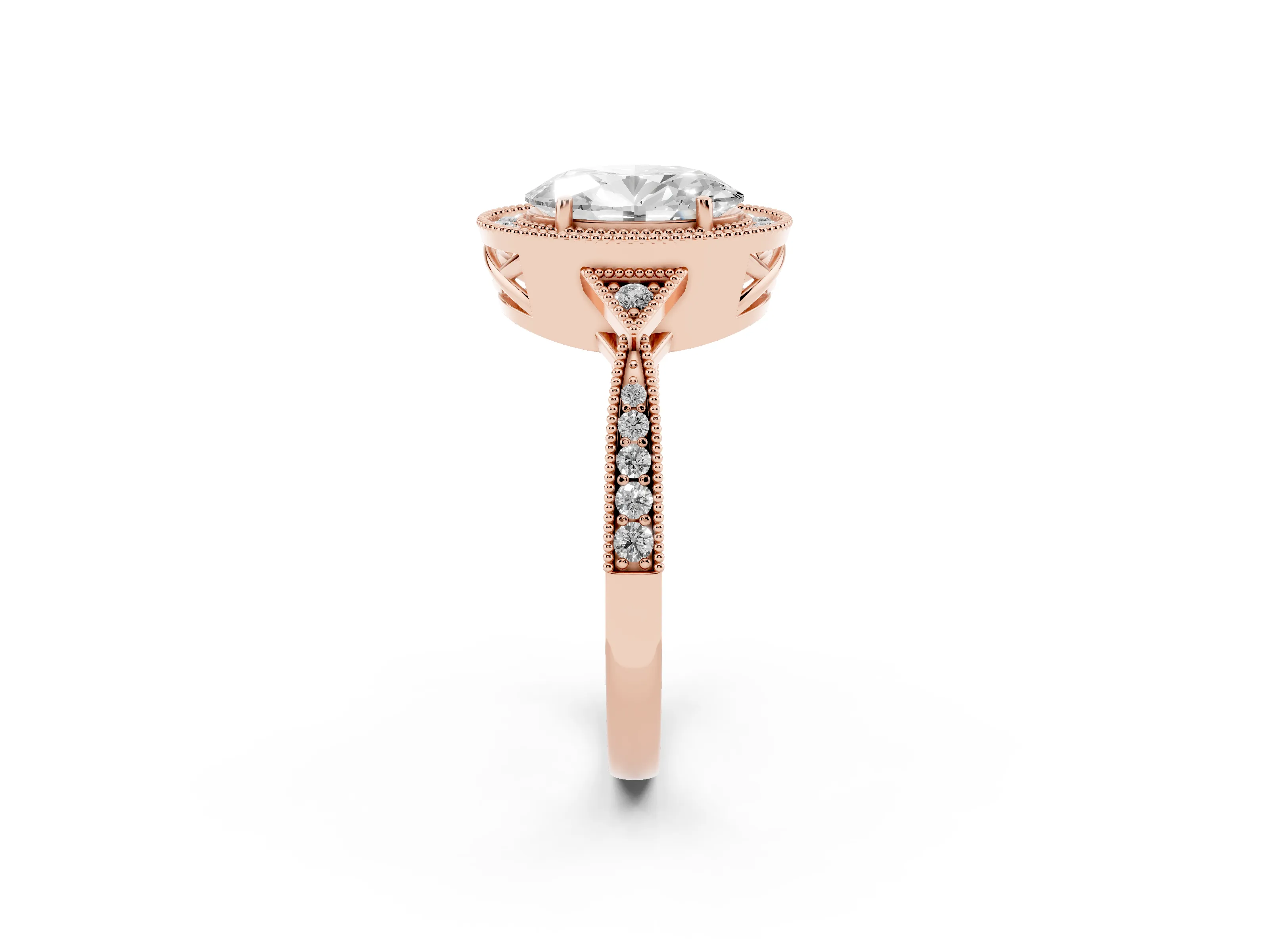 Oval Cut Diamond Halo Engagement Ring Set in Rose gold with Milgrain Pavé Band