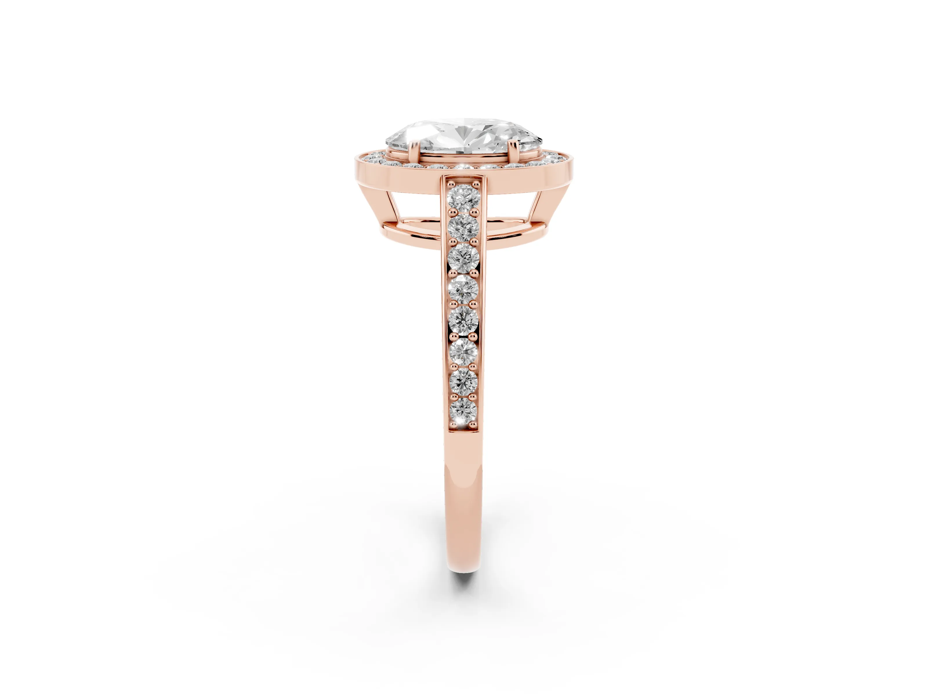 Oval Cut Diamond Halo Pavé Engagement Ring Set in Rose gold with Bezel Setting