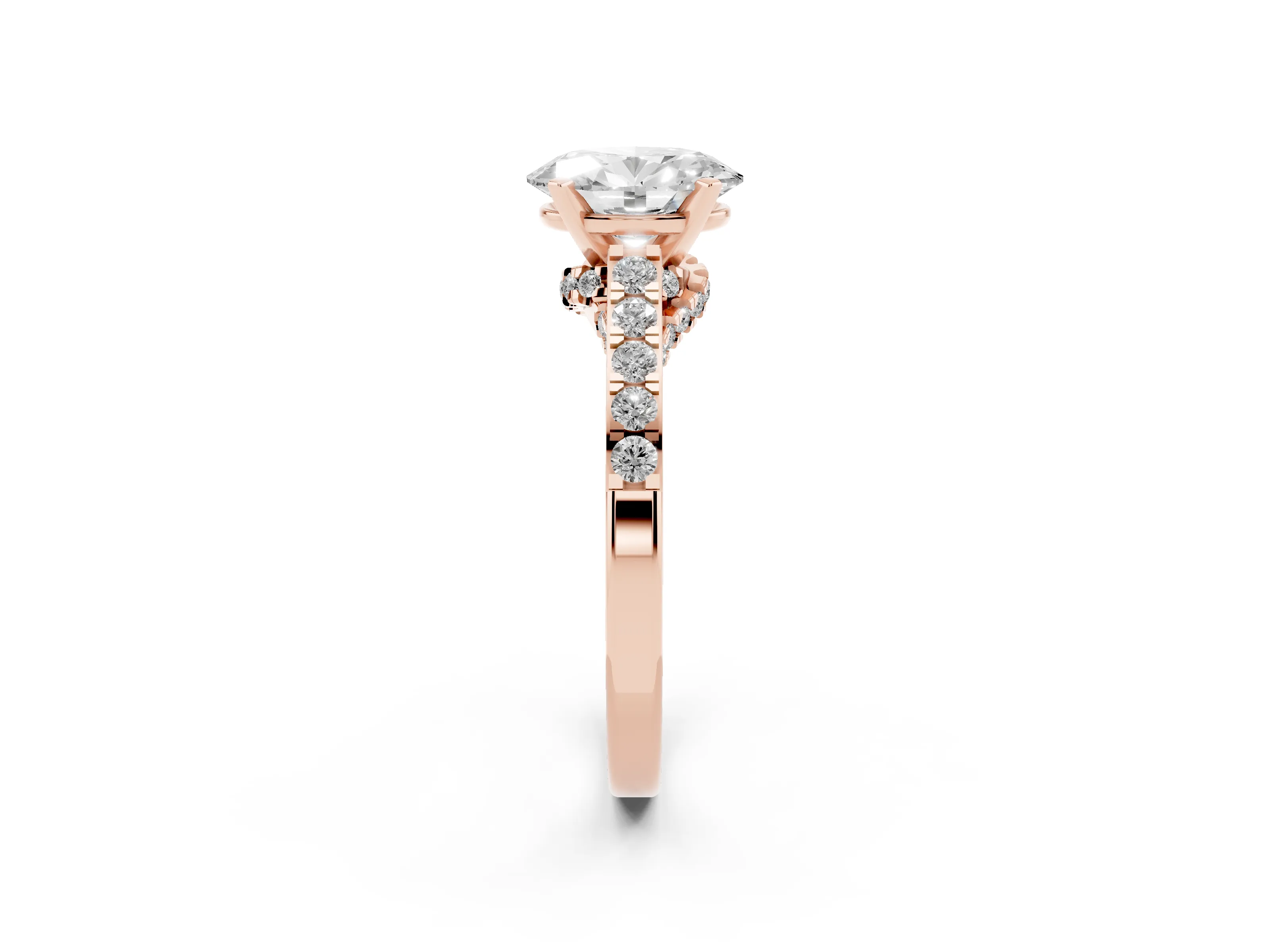 Oval Cut Diamond Solitaire Ring Set in Rose gold with Crossover Gallery and Round Pavé Band