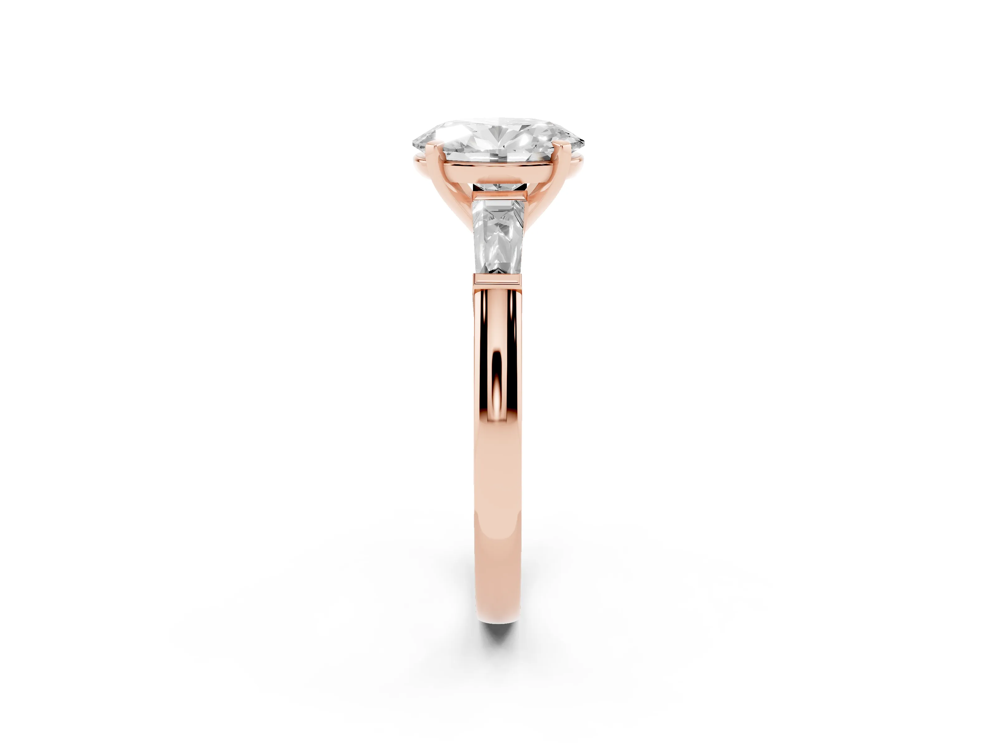 Oval Cut Diamond Solitaire Ring Set in Rose gold with Tapered Baguette Side Stones and Prong Setting