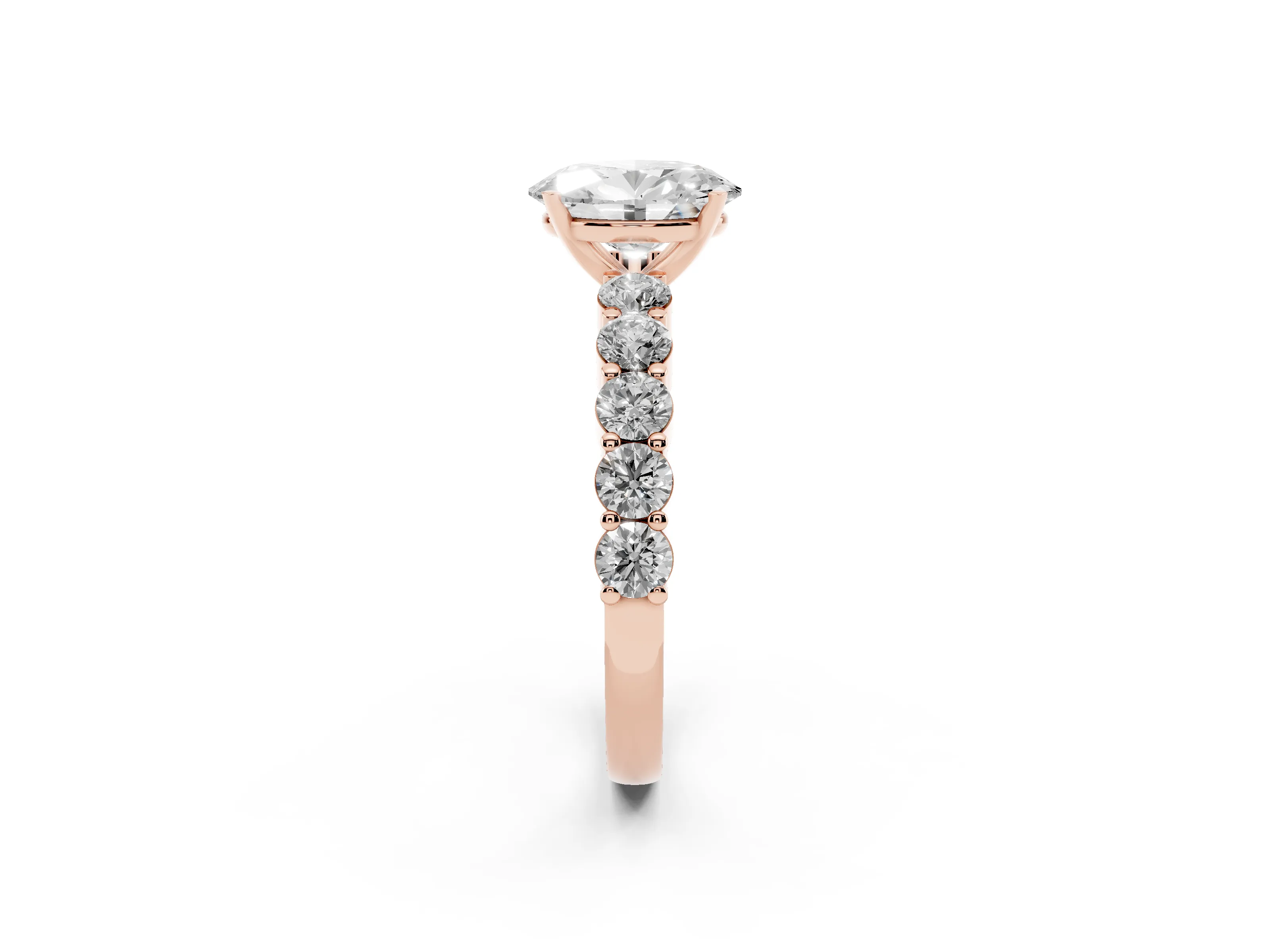 Oval Cut Diamond Solitaire Ring Set in Rose gold with Shared Prong Round Side Stones