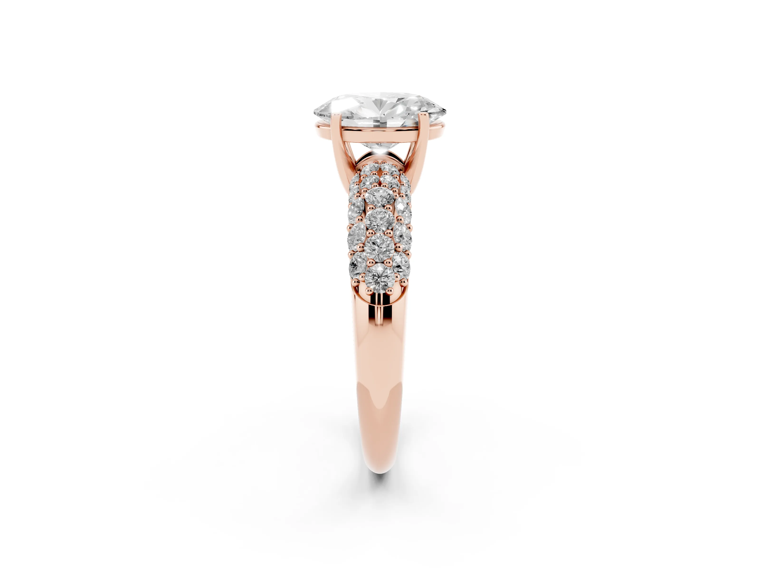 Oval Cut Diamond Pavé Band Solitaire Ring Set in Rose gold with Close-Set Accent Stones and Prong Setting