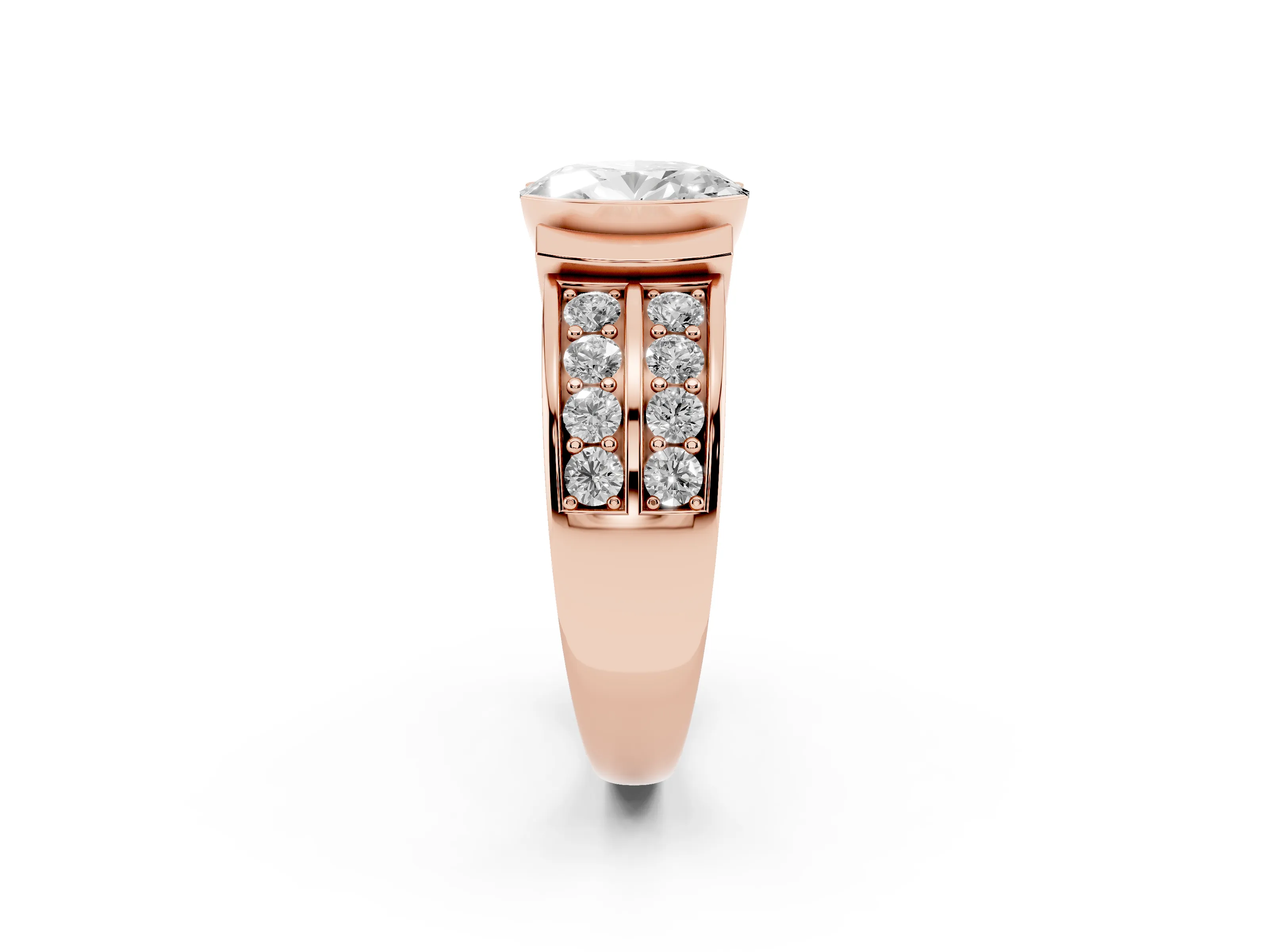 Oval Cut Diamond Wide Channel Set Band Ring Set in Rose gold with Bezel Setting