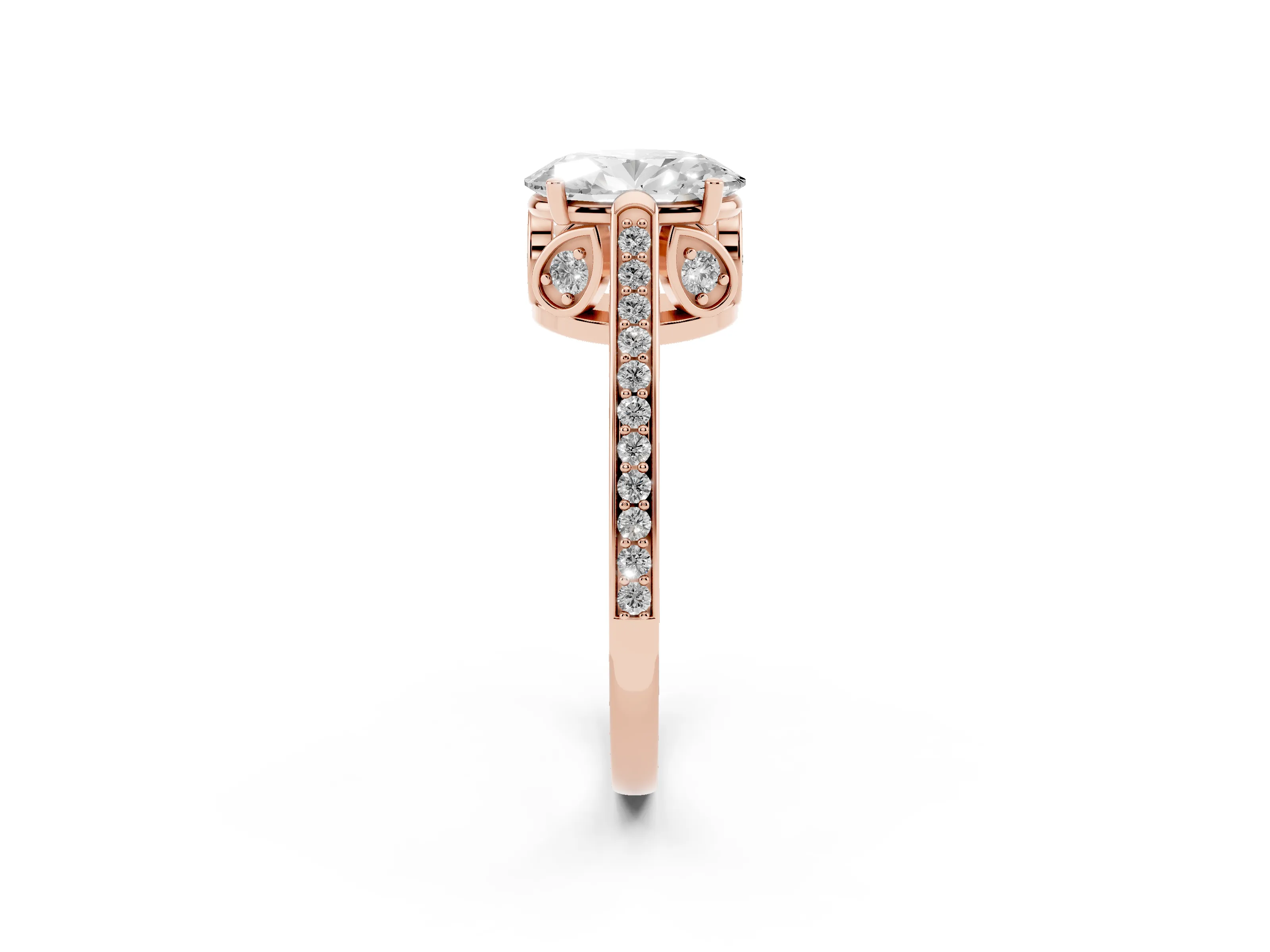 Oval Cut Diamond Cathedral Pavé Engagement Ring Set in Rose gold with Prong Setting
