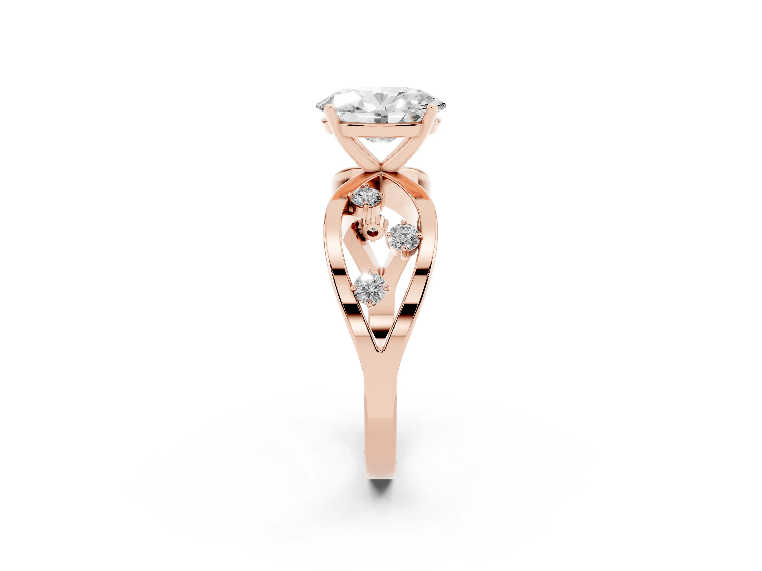 Oval Cut Diamond Solitaire Ring Set in Rose gold with Side Stones on Criss-Cross Band and Prong Setting
