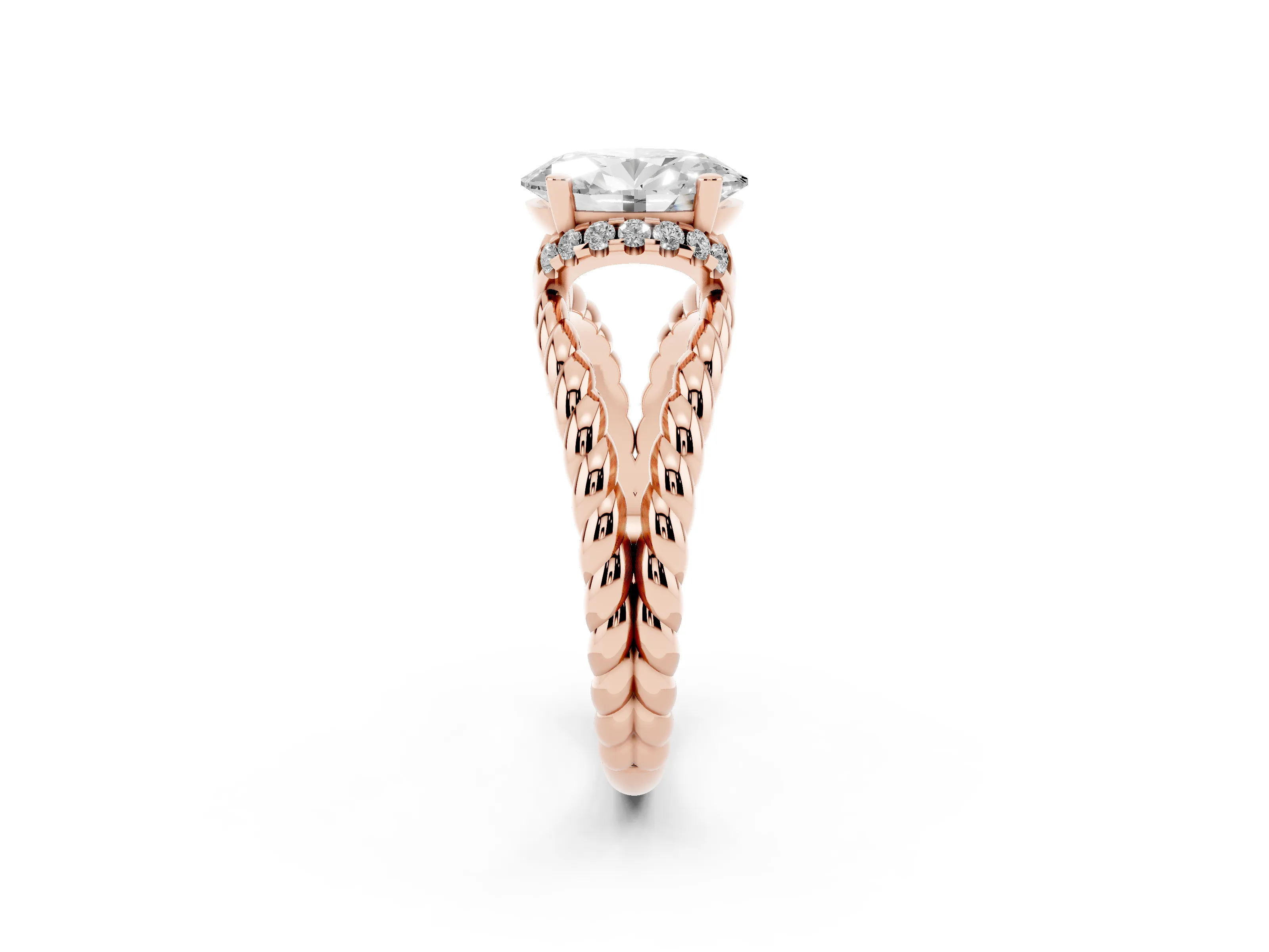 Oval Cut Diamond Halo Ring Set in Rose gold with Twisted Band and Prong Setting